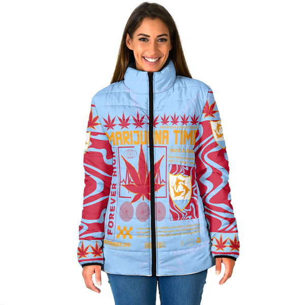 Anguilla Women Padded Jacket Flag & Coat Of Arms Marijuanas Style