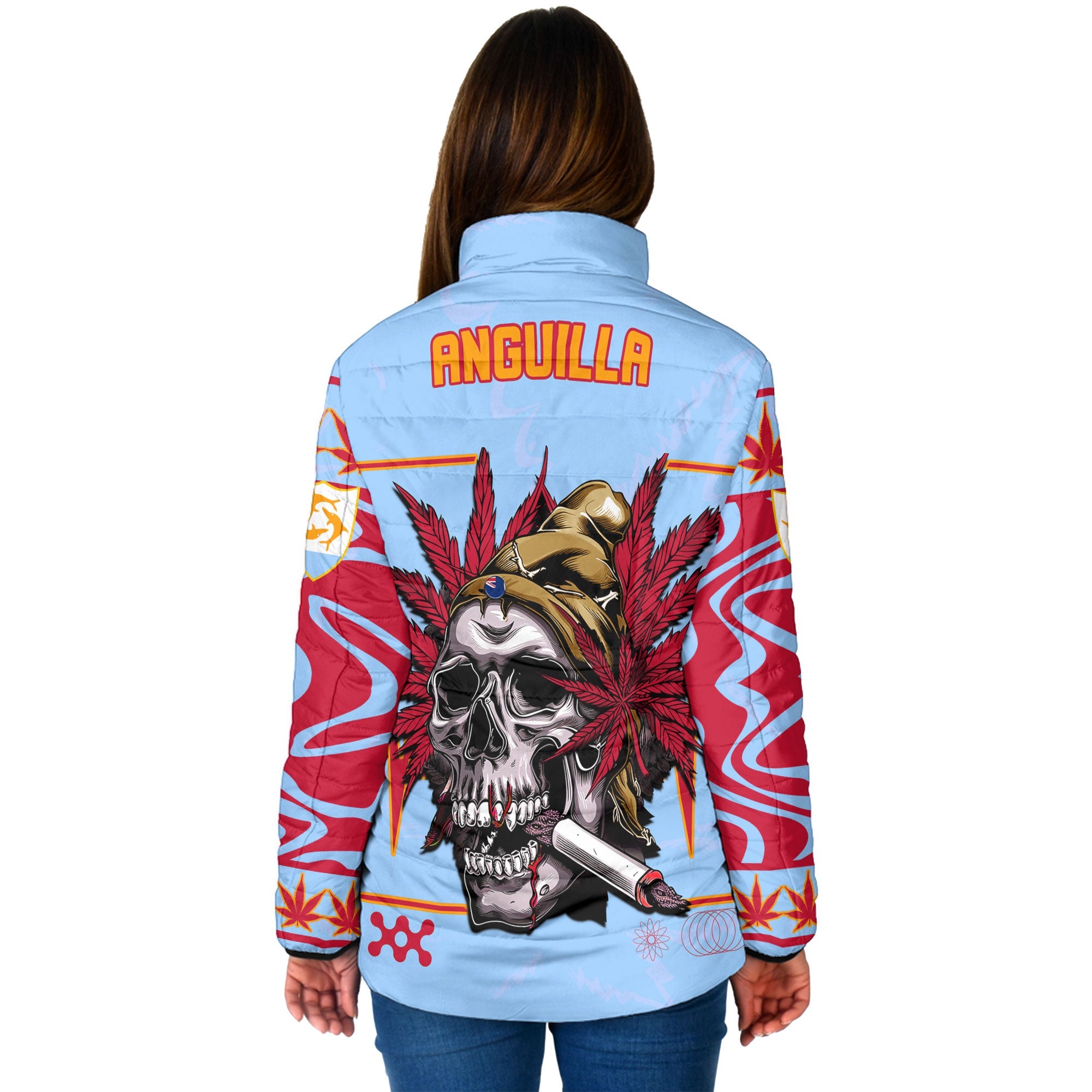 Anguilla Women Padded Jacket Flag & Coat Of Arms Marijuanas Style