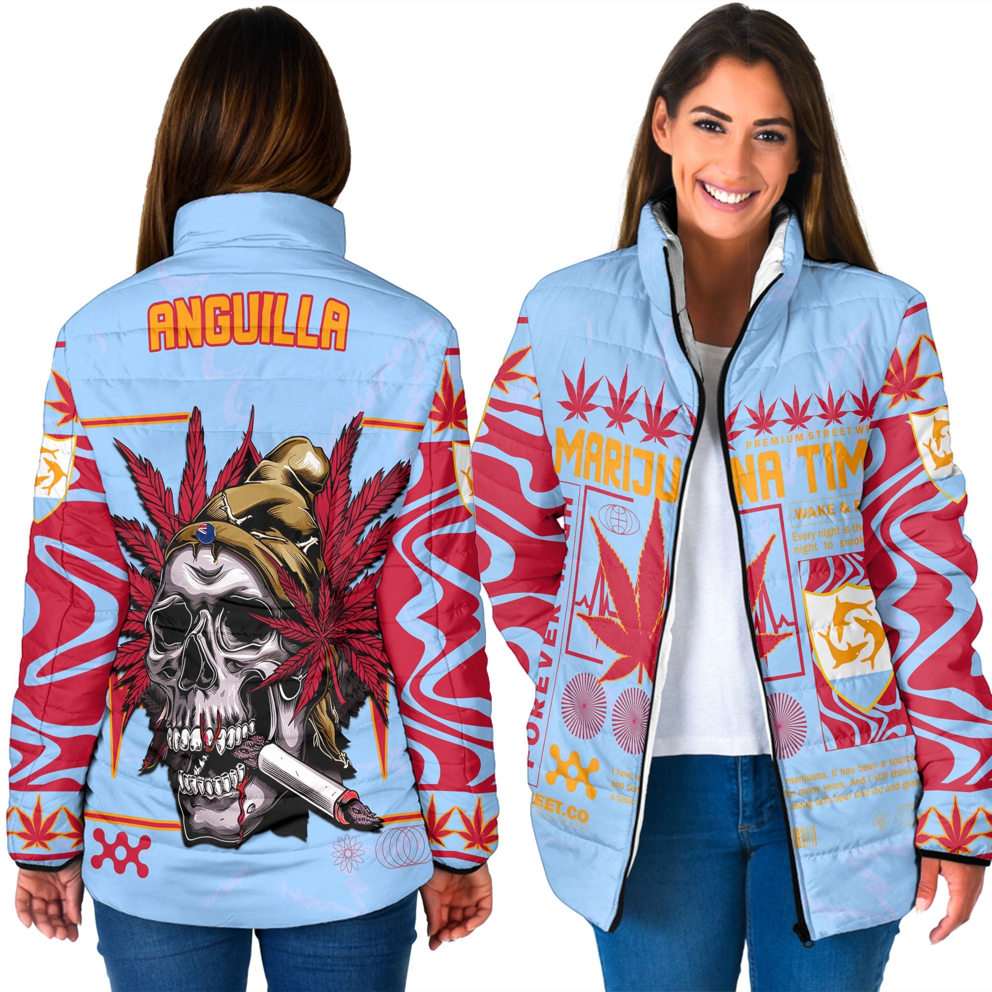 Anguilla Women Padded Jacket Flag & Coat Of Arms Marijuanas Style