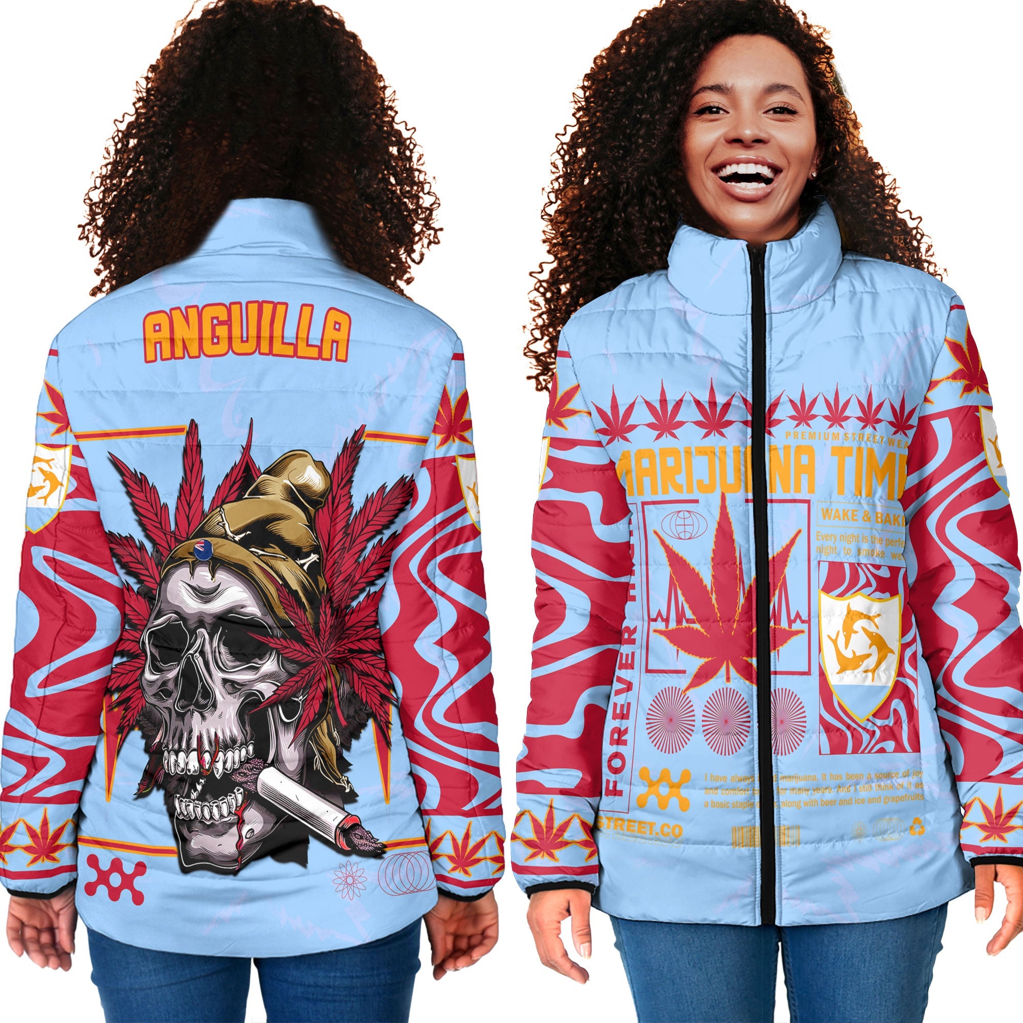 Anguilla Women Padded Jacket Flag & Coat Of Arms Marijuanas Style