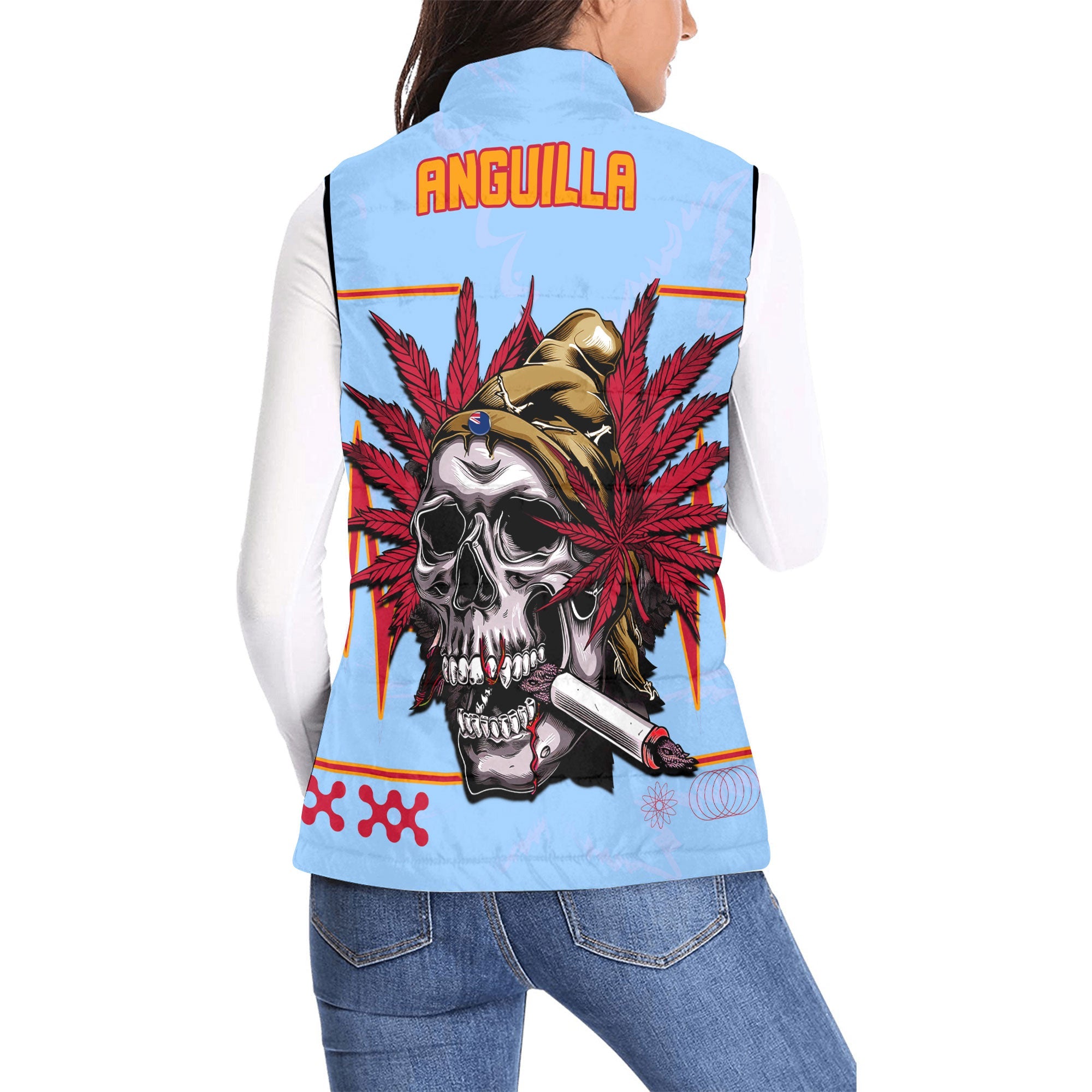 Anguilla Women Padded Jacket Vest Flag & Coat Of Arms Marijuanas Style