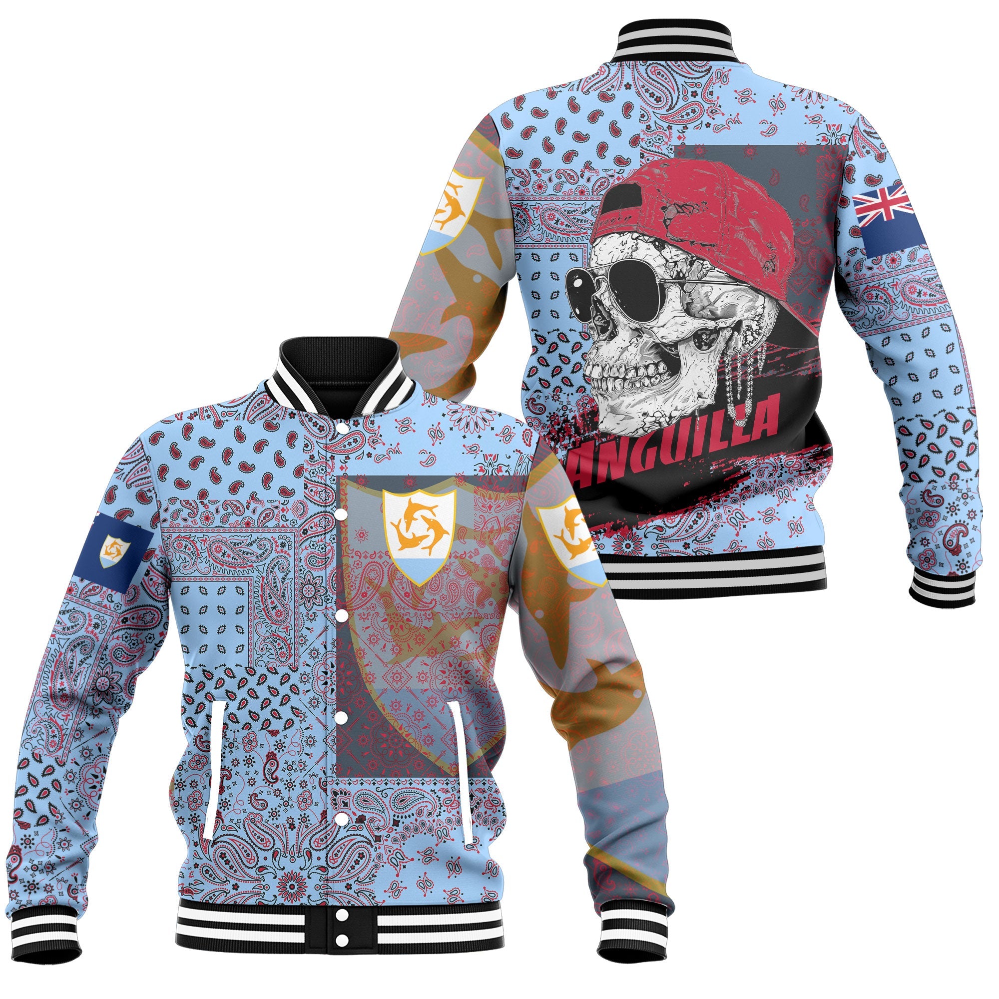 Anguilla Baseball Jacket Paisley Flag And Skull Style 1