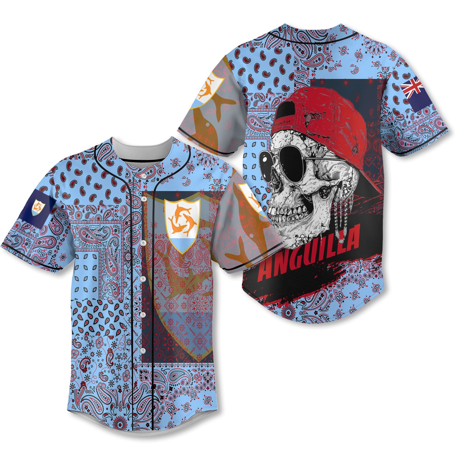 Anguilla Baseball Jersey Paisley Flag And Skull Style 1