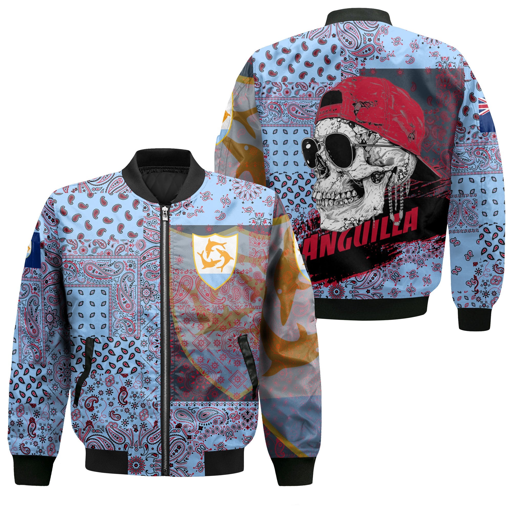 Anguilla Bomber Jacket Paisley Flag And Skull Style 1