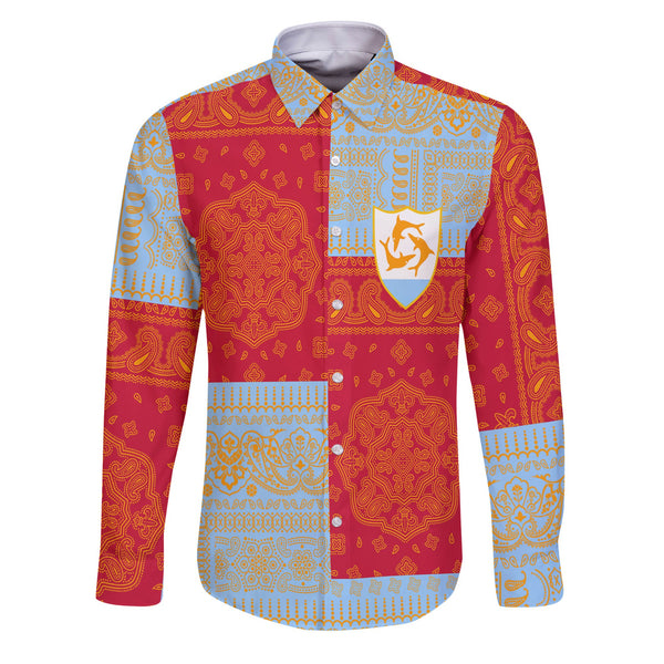 Anguilla Long Sleeve Button Shirt Flag And Paisley Basic Style 1