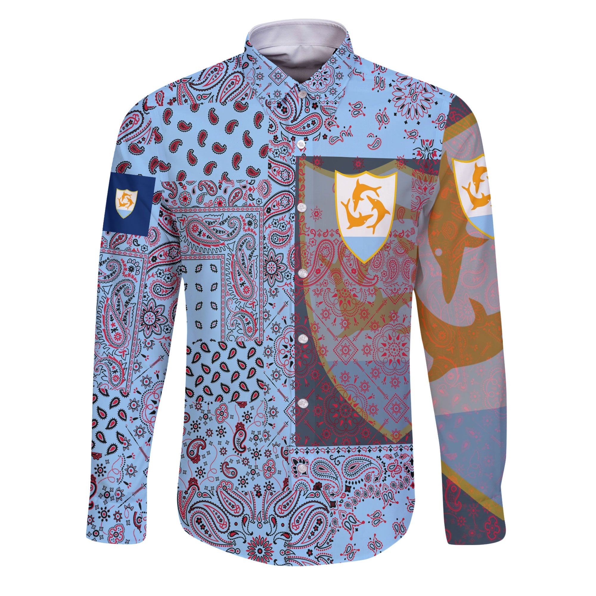 Anguilla Long Sleeve Button Shirt Paisley Flag And Skull Style 1