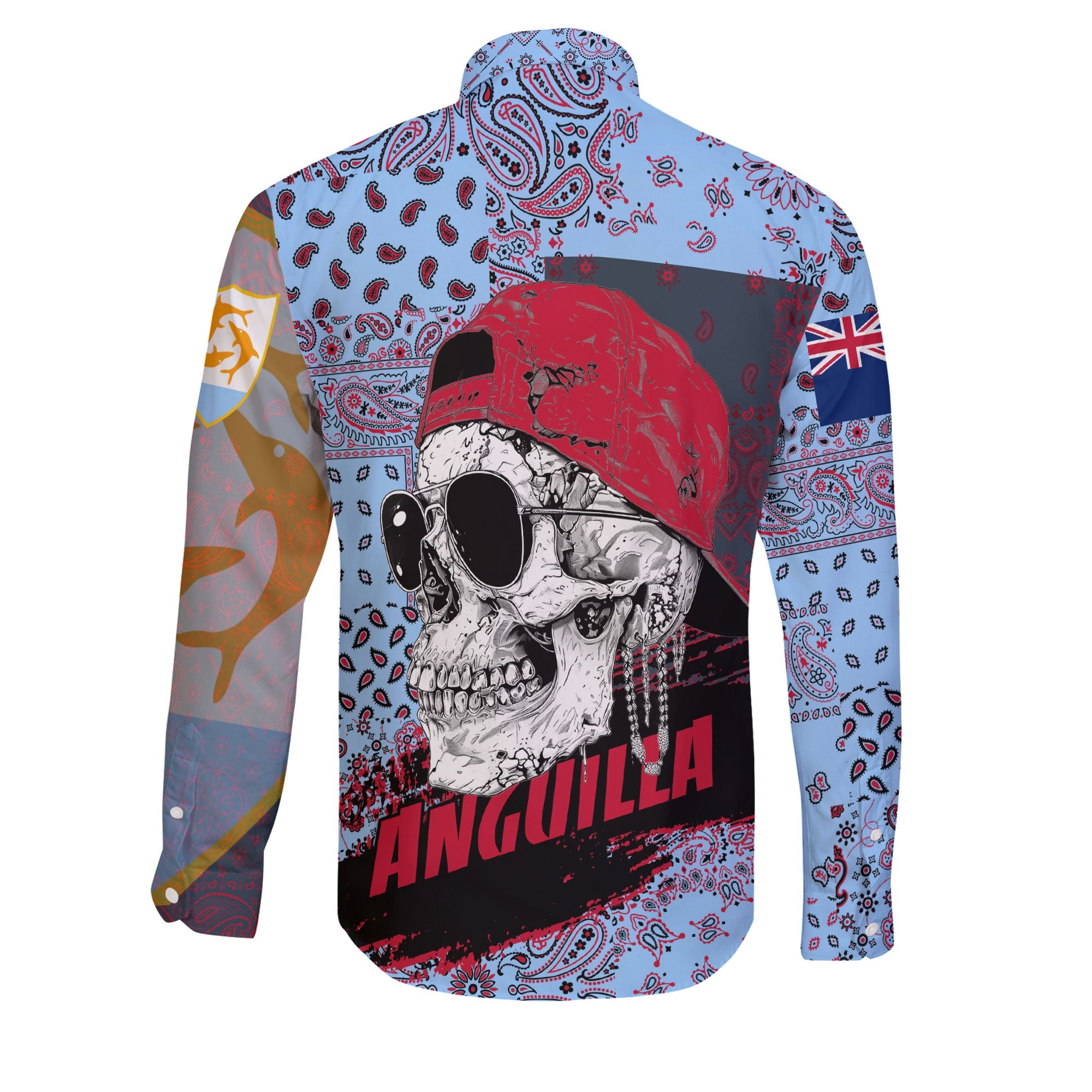 Anguilla Long Sleeve Button Shirt Paisley Flag And Skull Style 2