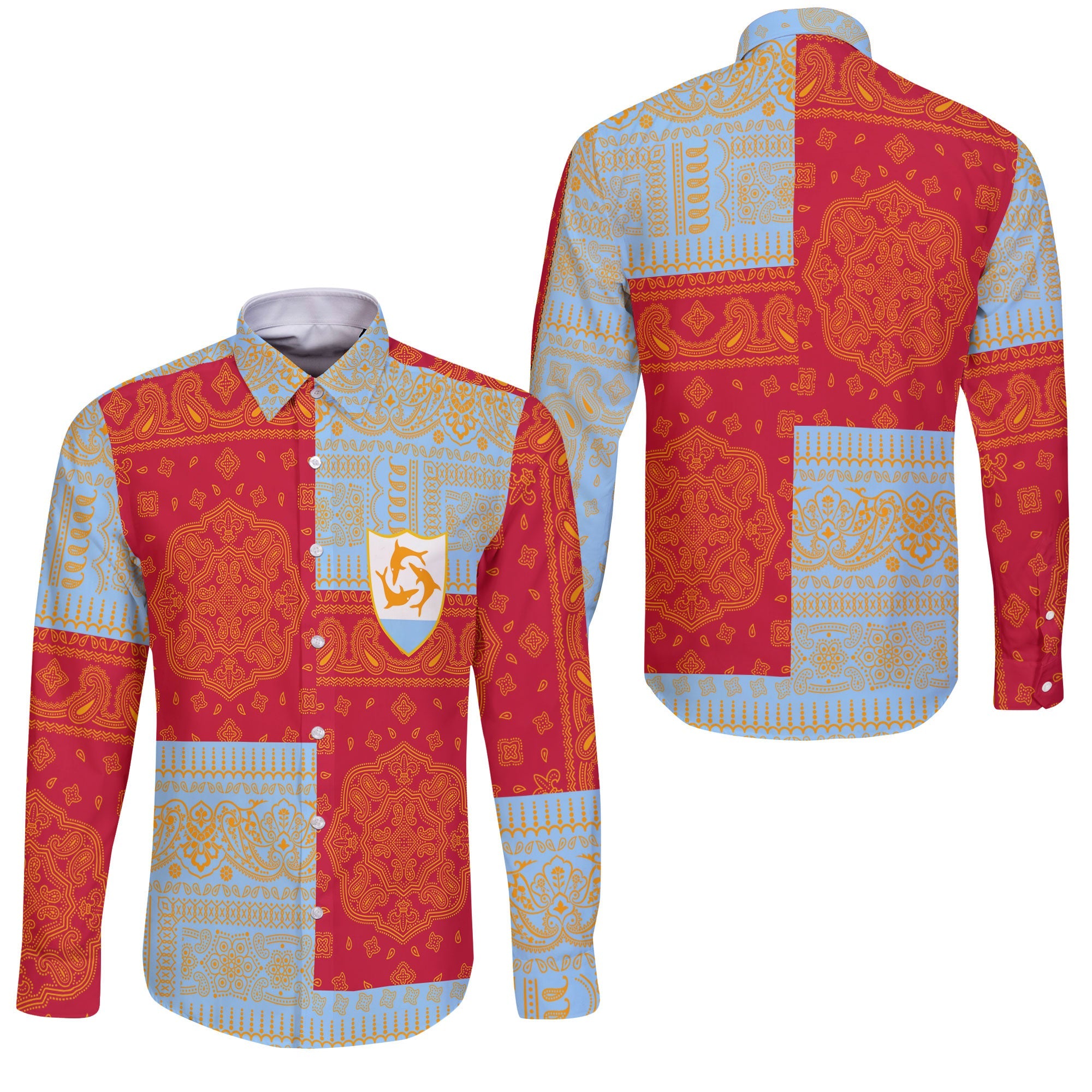 Anguilla Long Sleeve Button Shirt Flag And Paisley Basic Style 3