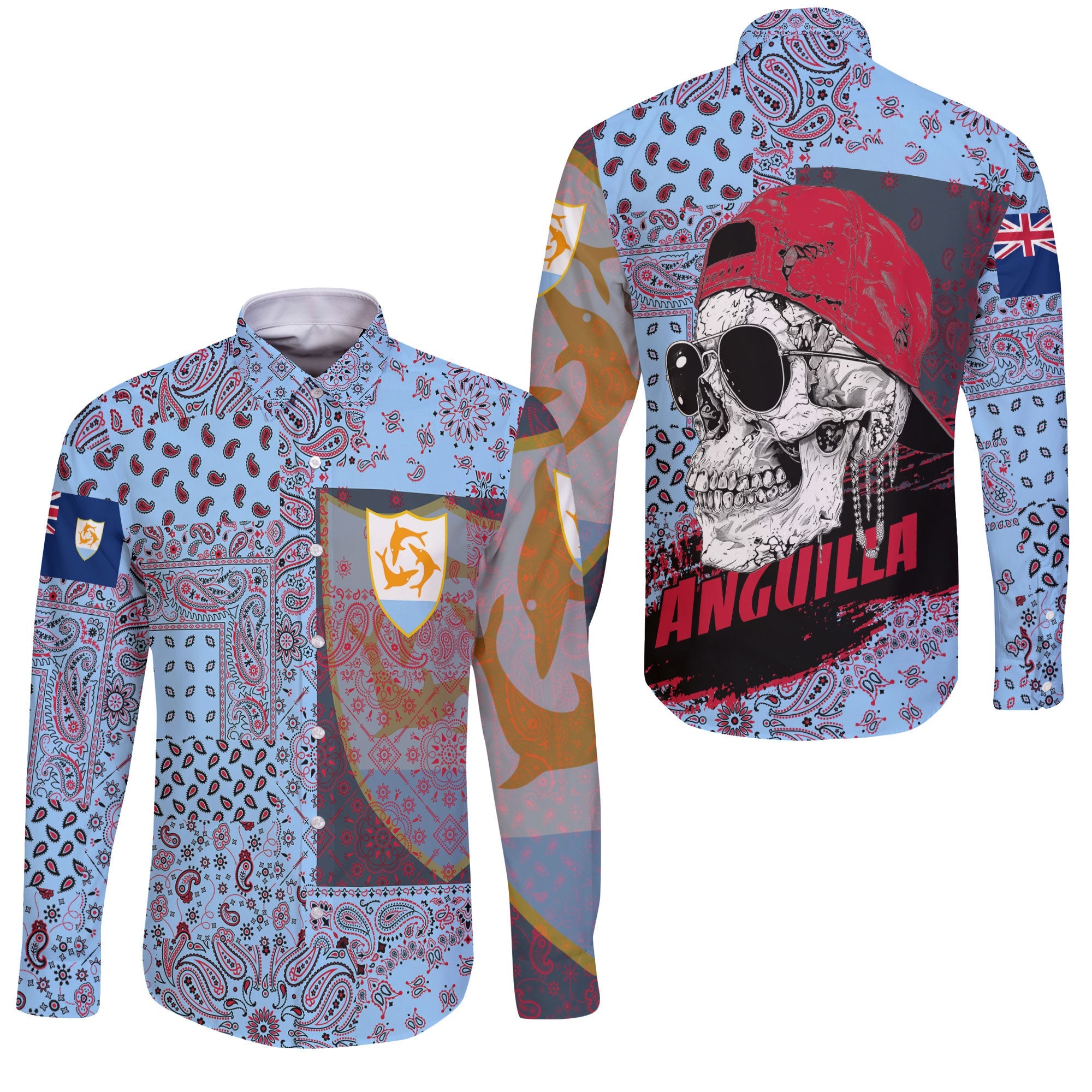 Anguilla Long Sleeve Button Shirt Paisley Flag And Skull Style 3