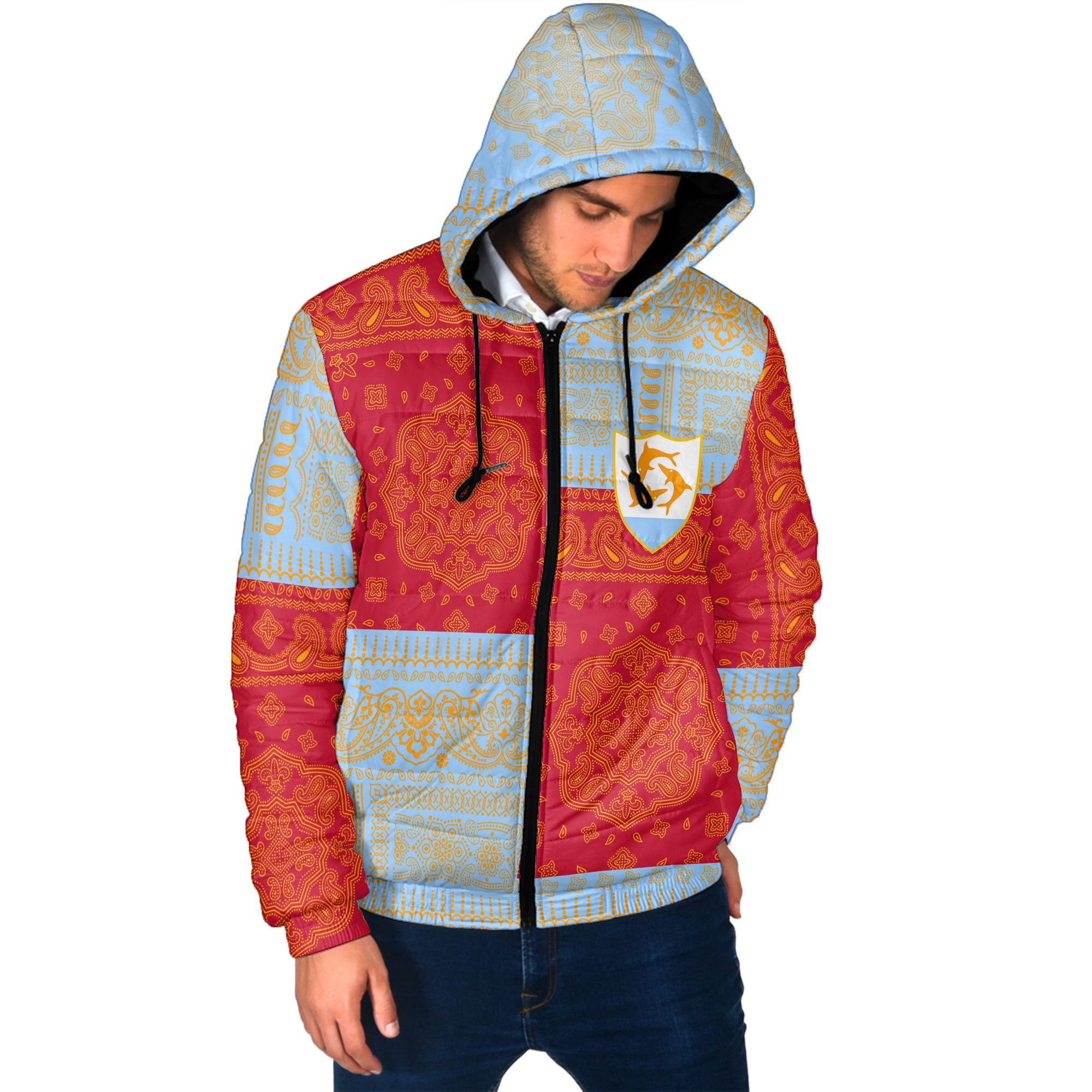 Anguilla Men Hooded Padded Jacket Flag And Paisley Basic Style 2