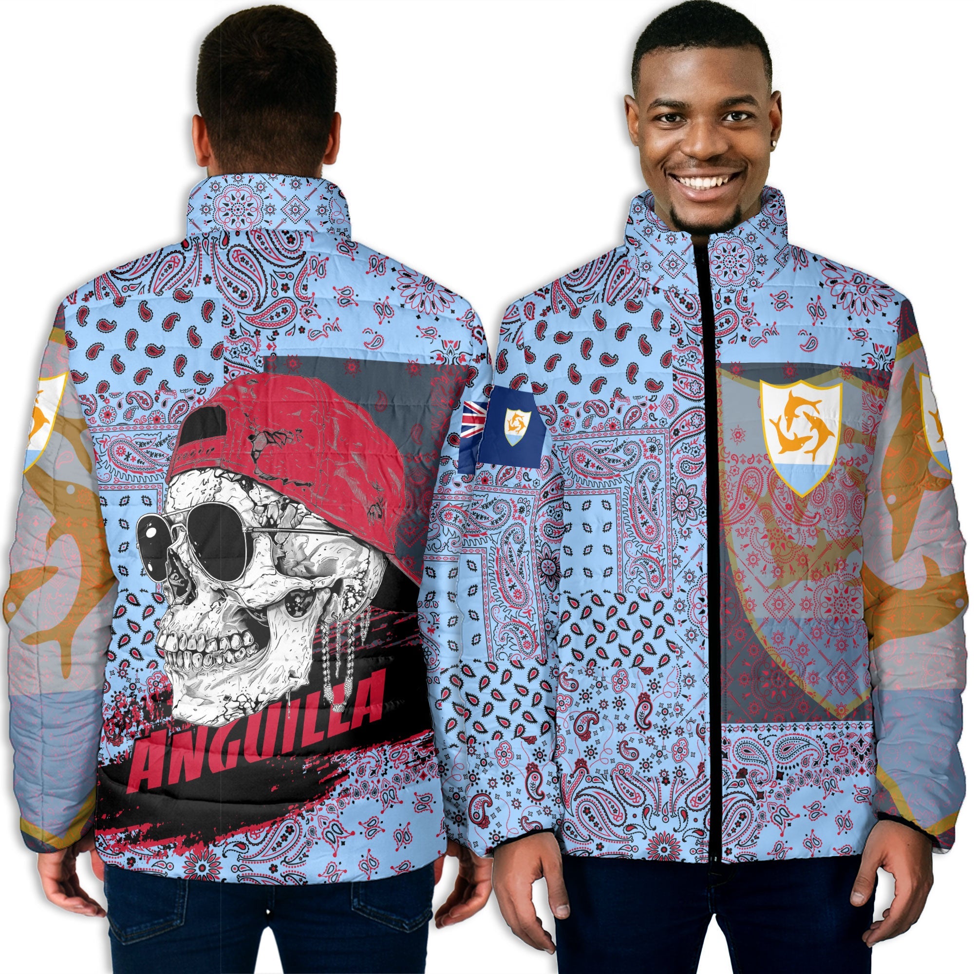 Anguilla Men Padded Jacket Paisley Flag And Skull Style 3