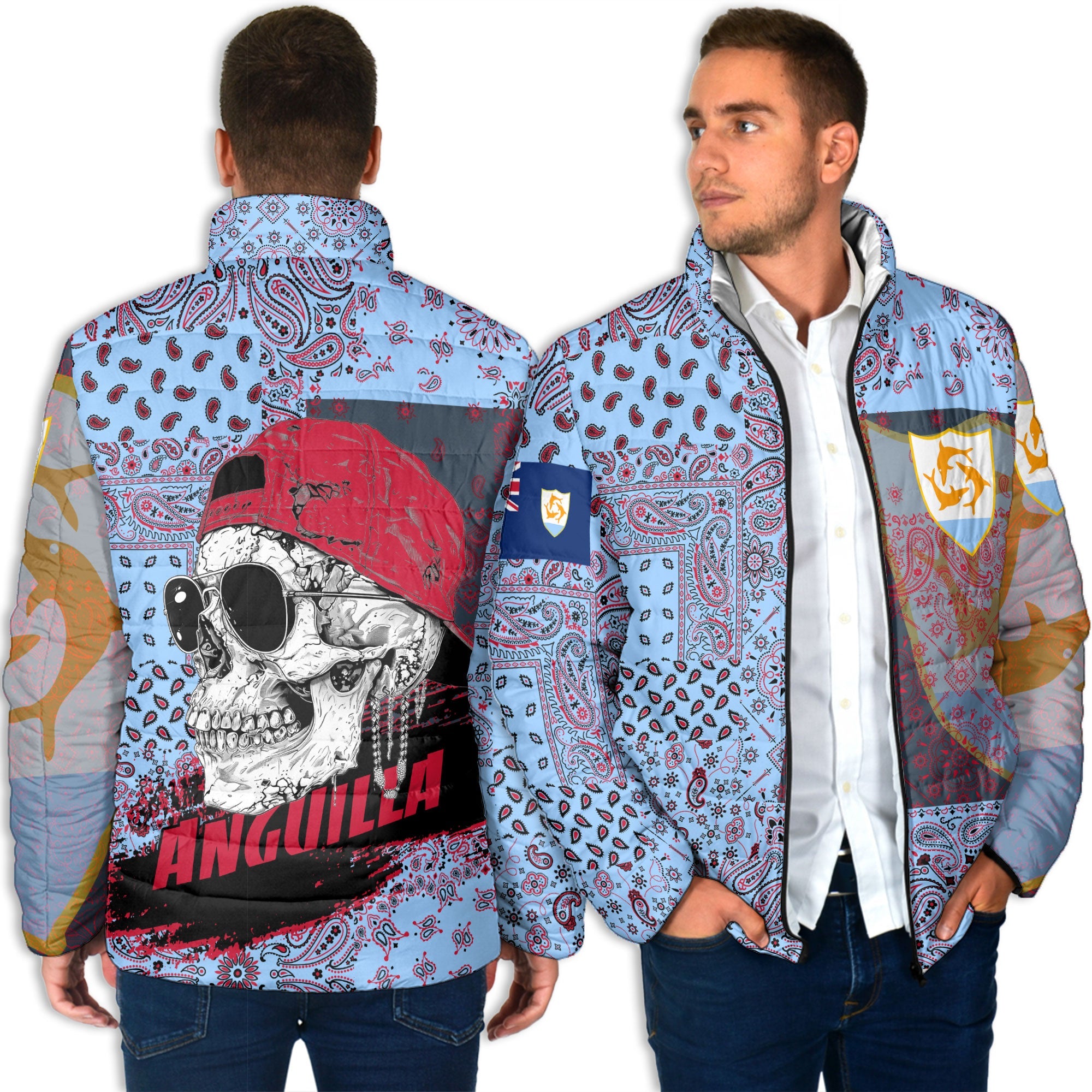 Anguilla Men Padded Jacket Paisley Flag And Skull Style 4