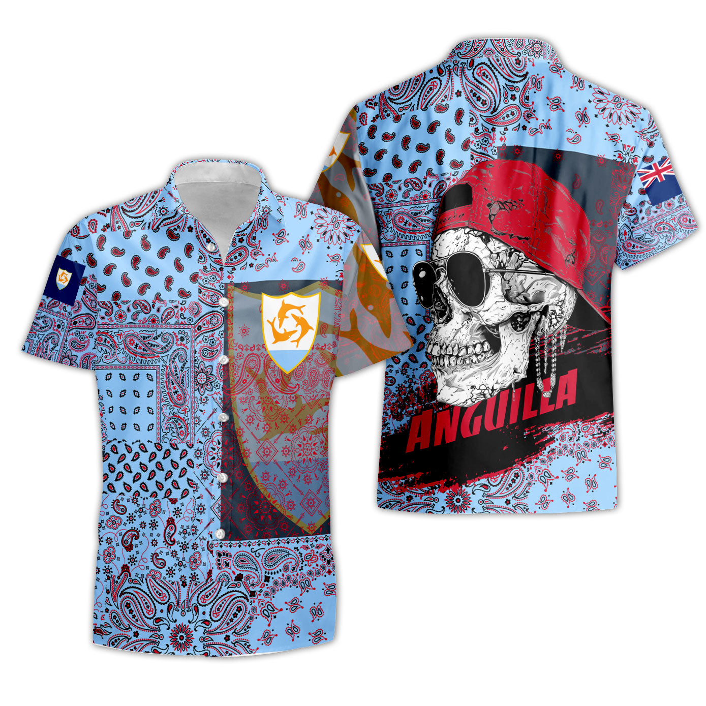 Anguilla Short Sleeve Shirt Paisley Flag And Skull Style 3