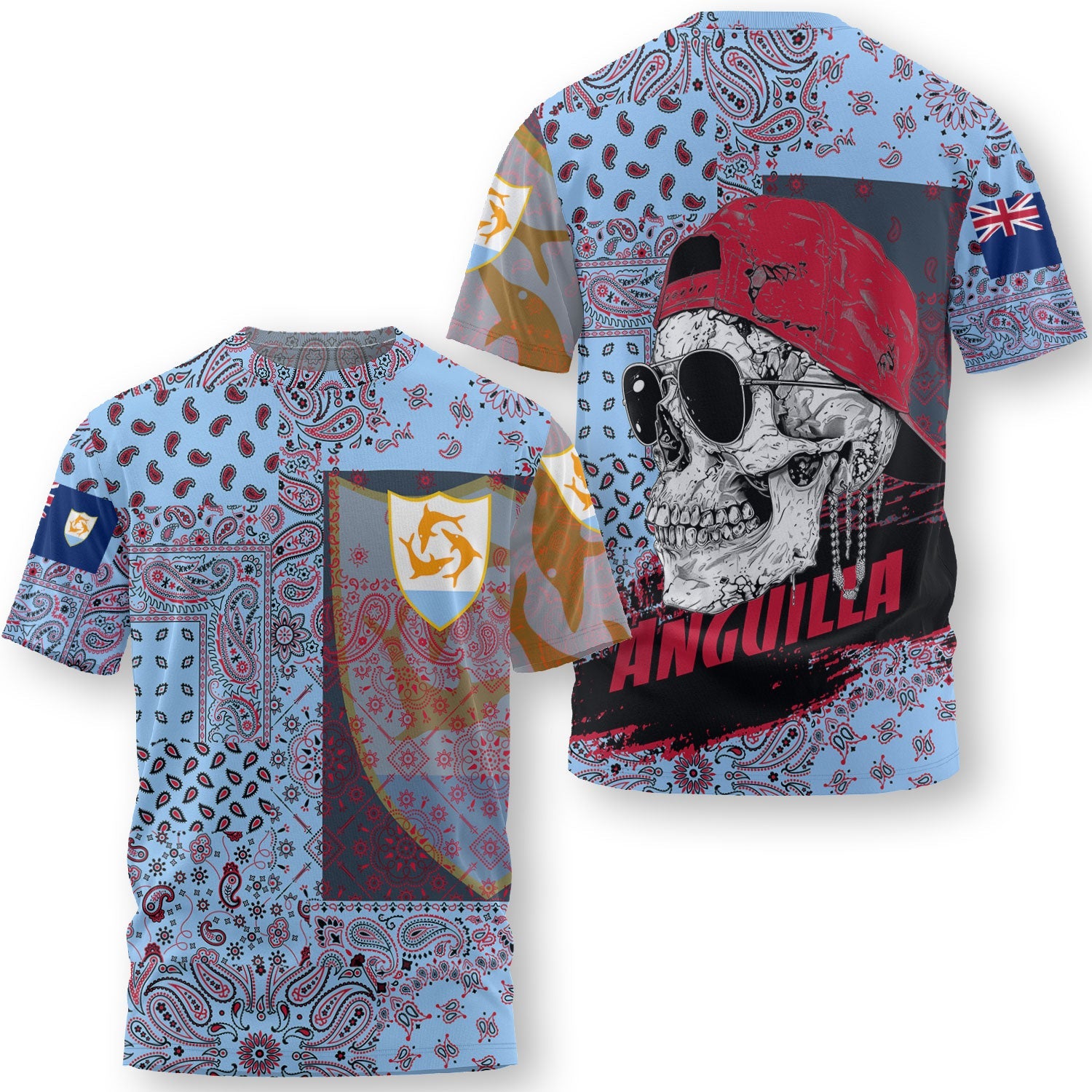 Anguilla T Shirt Paisley Flag And Skull Style 3