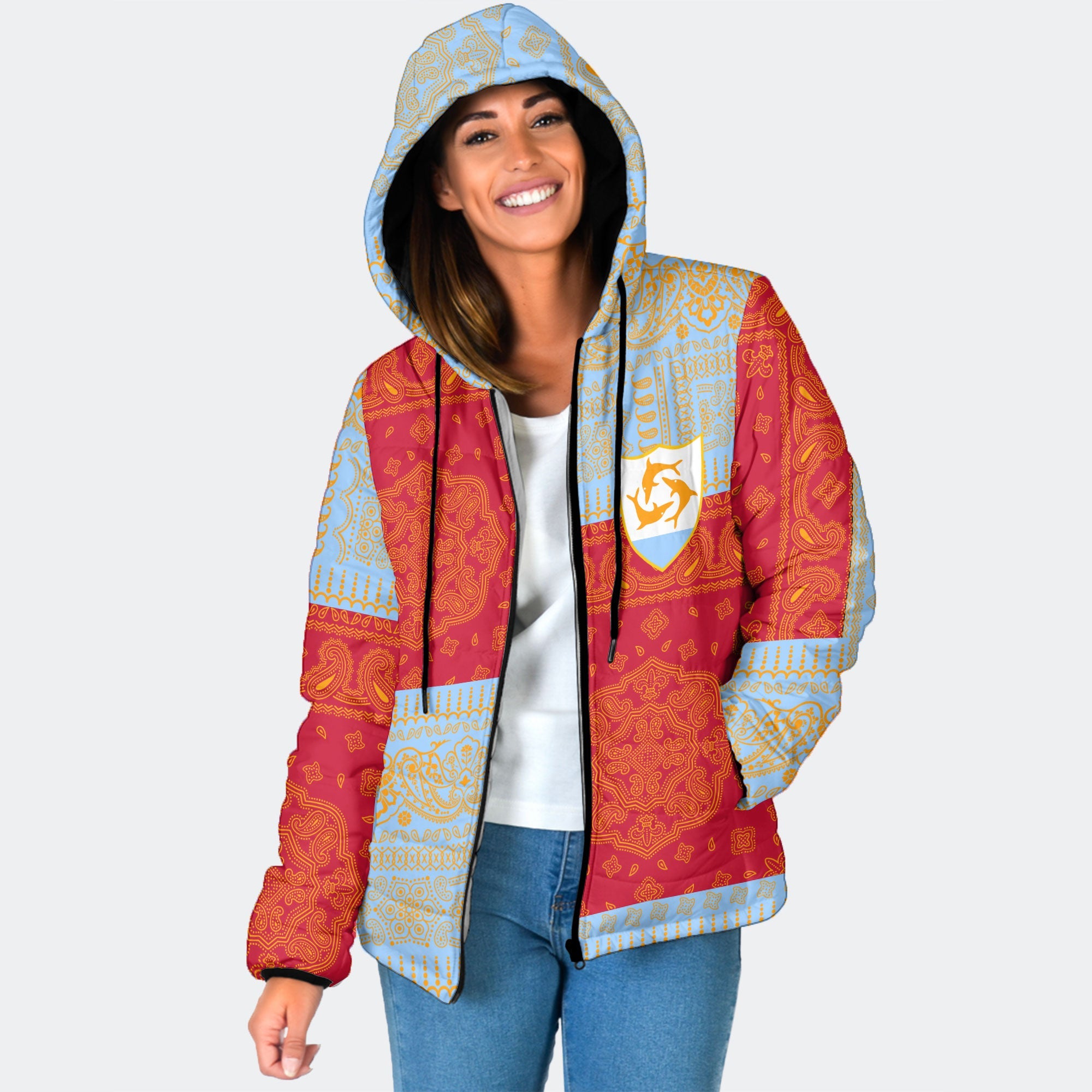 Anguilla Women Hooded Padded Jacket Flag And Paisley Basic Style 1