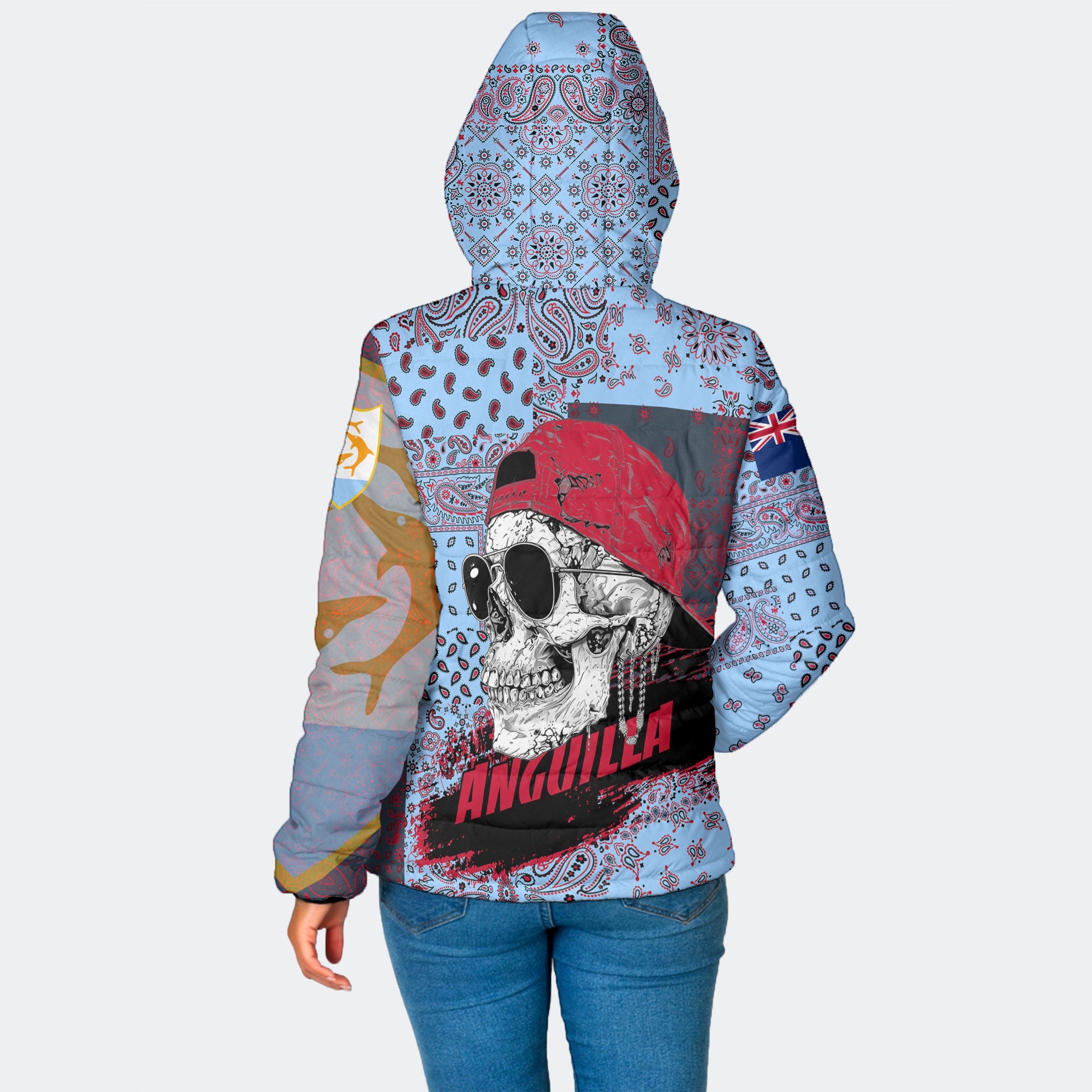 Anguilla Women Hooded Padded Jacket Paisley Flag And Skull Style 2