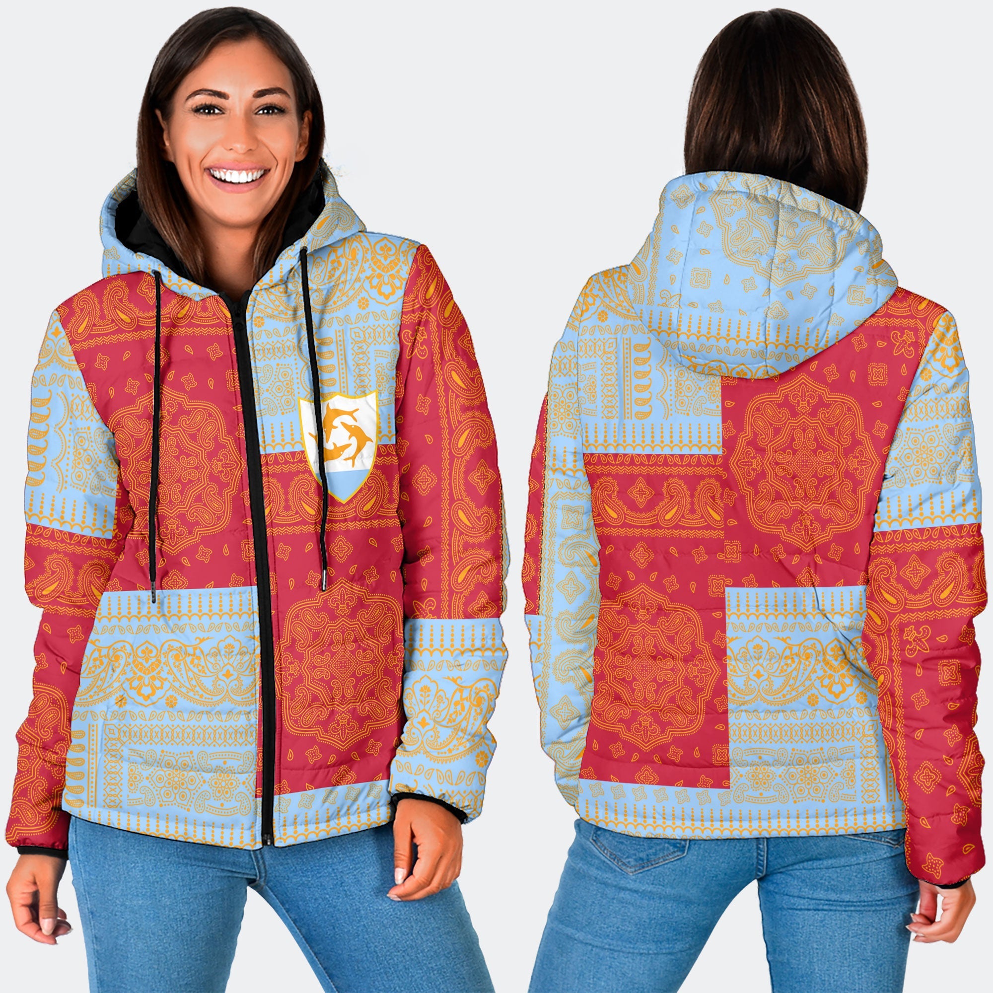 Anguilla Women Hooded Padded Jacket Flag And Paisley Basic Style 3