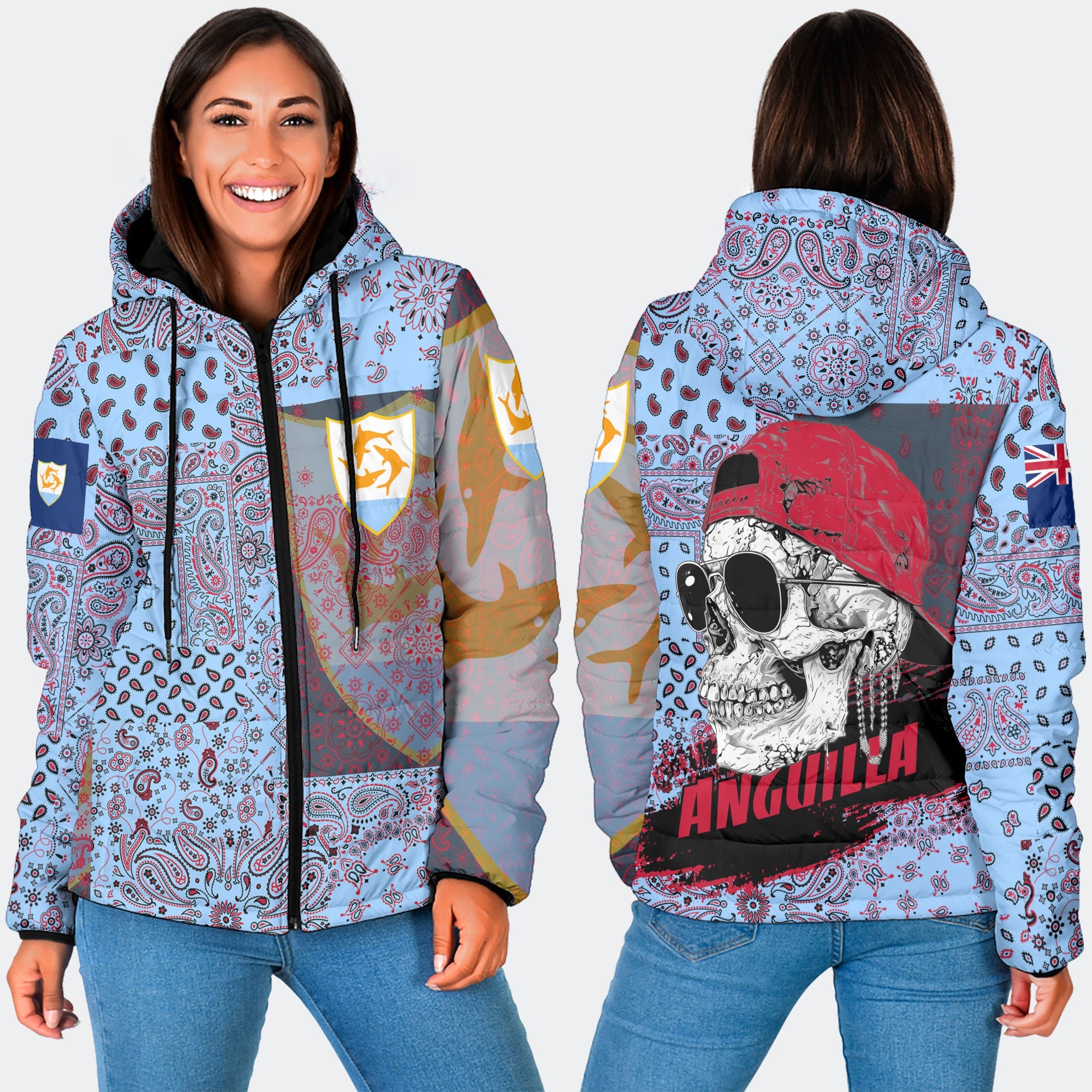 Anguilla Women Hooded Padded Jacket Paisley Flag And Skull Style 3