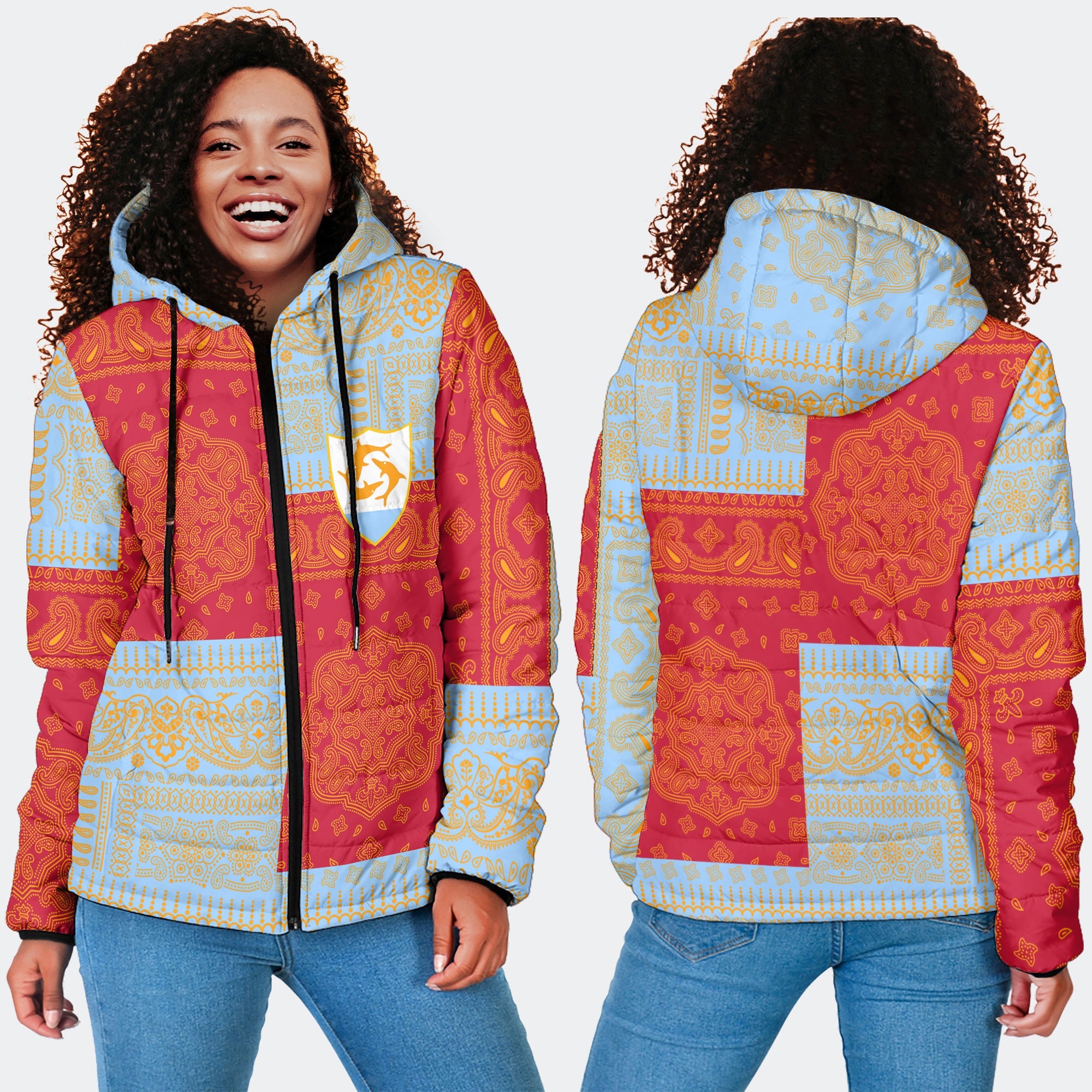 Anguilla Women Hooded Padded Jacket Flag And Paisley Basic Style 4