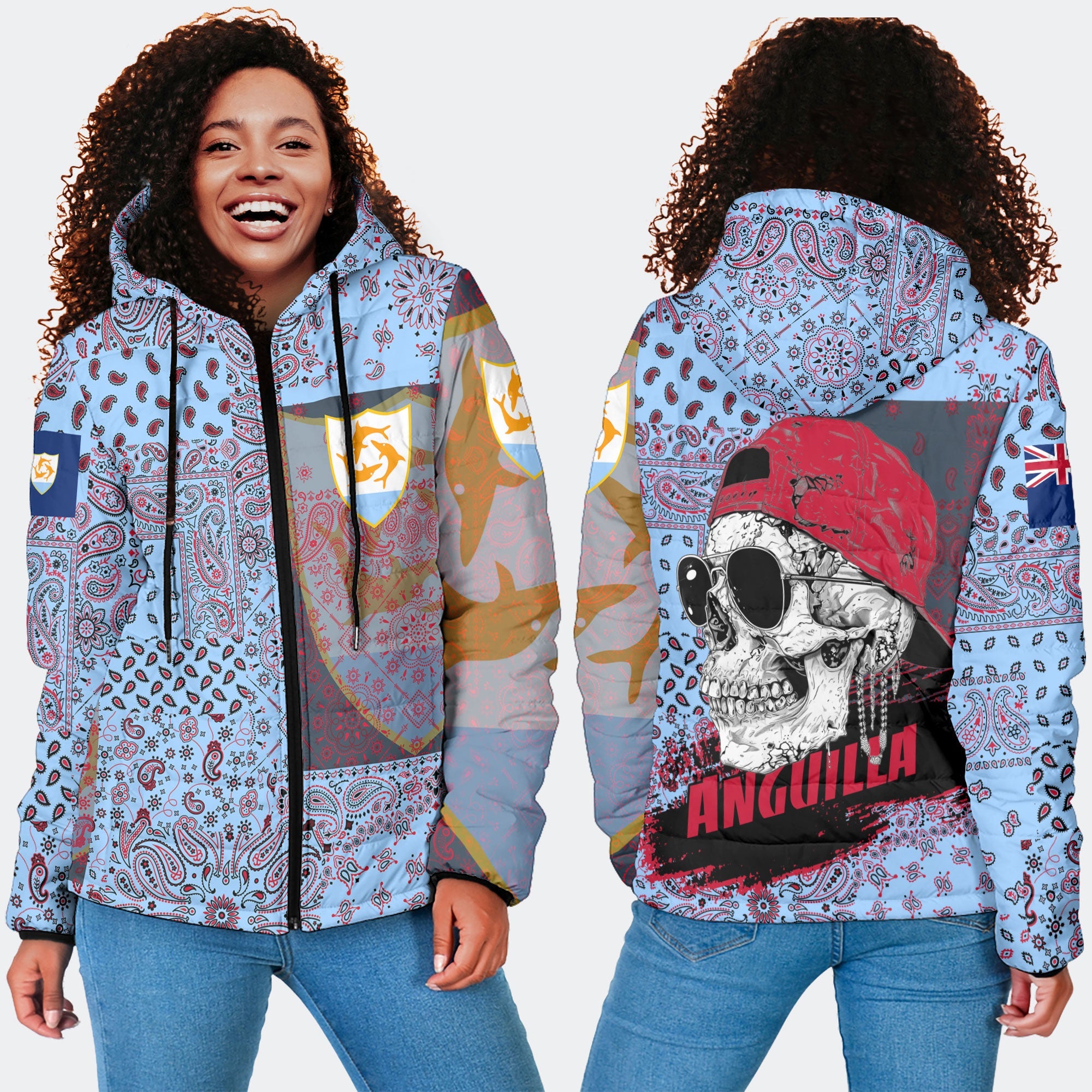 Anguilla Women Hooded Padded Jacket Paisley Flag And Skull Style 4