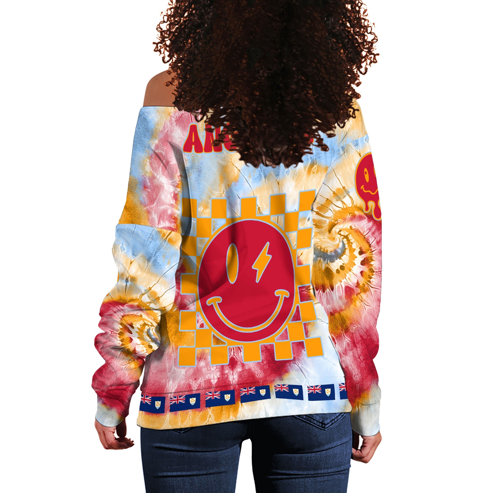 Anguilla Women Off Shoulder Sweatshirt Custom Tie Dye Style 1