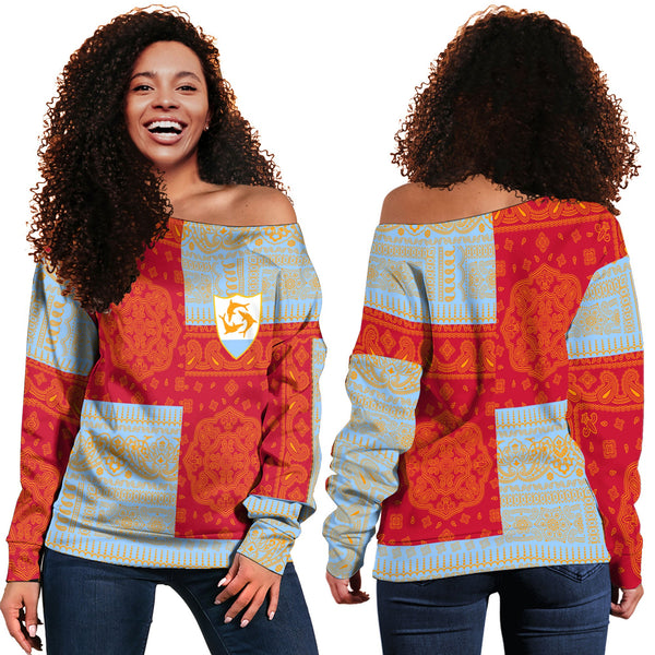 Anguilla Women Off Shoulder Sweatshirt Flag And Paisley Basic Style 1