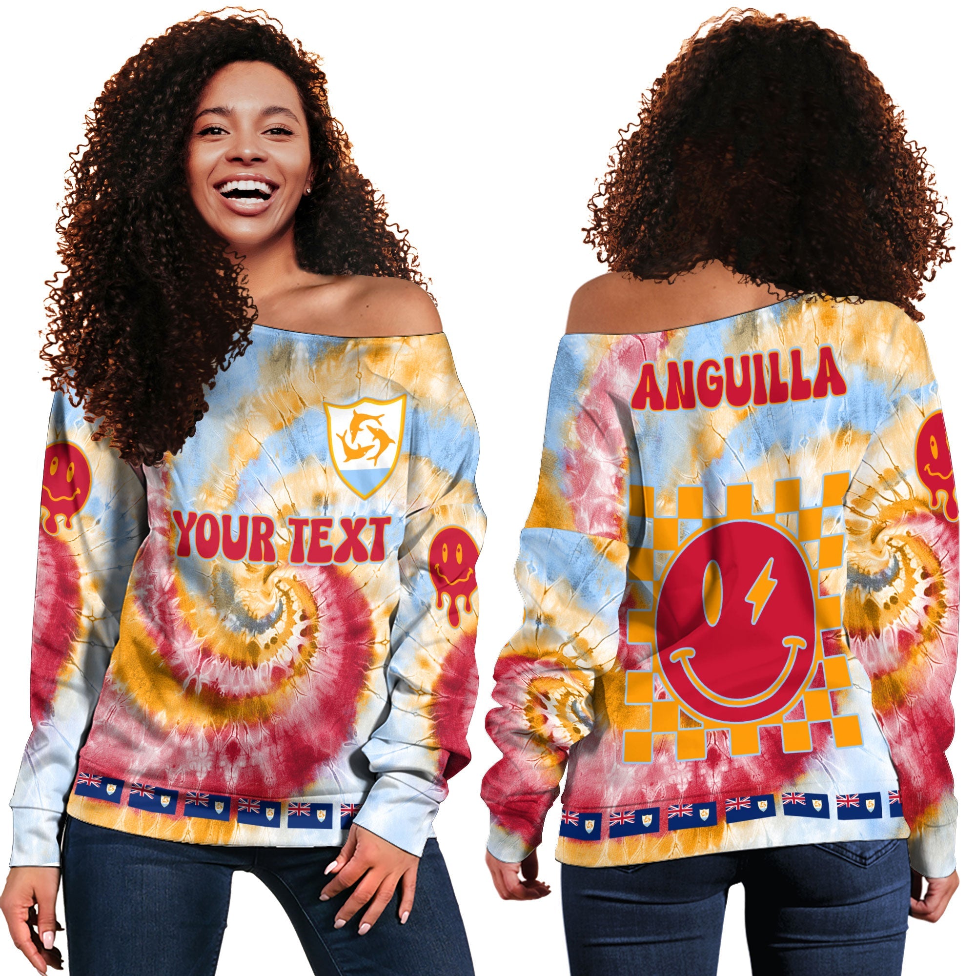 Anguilla Women Off Shoulder Sweatshirt Custom Tie Dye Style 2