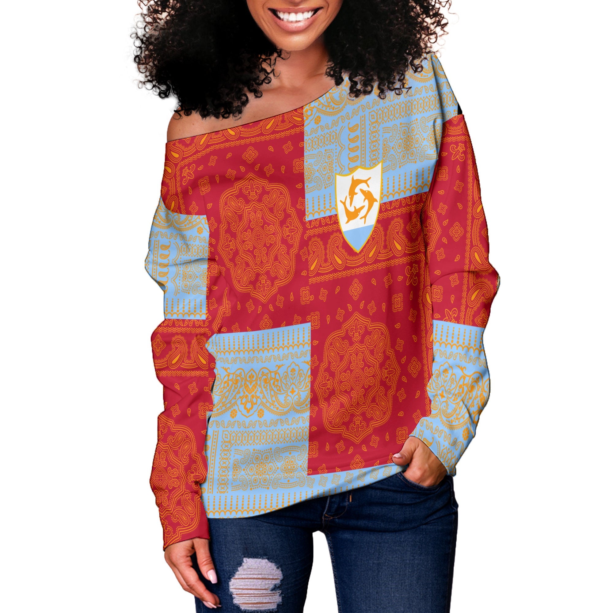 Anguilla Women Off Shoulder Sweatshirt Flag And Paisley Basic Style 2