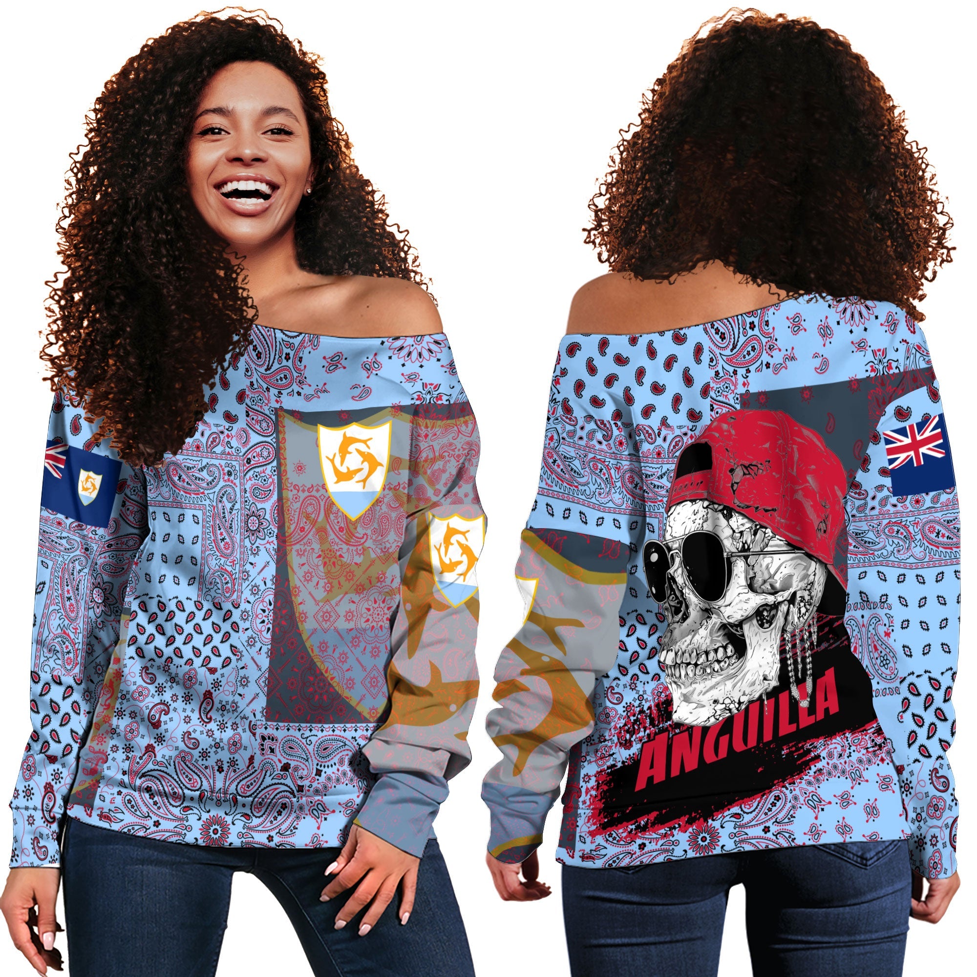 Anguilla Women Off Shoulder Sweatshirt Paisley Flag And Skull Style 1