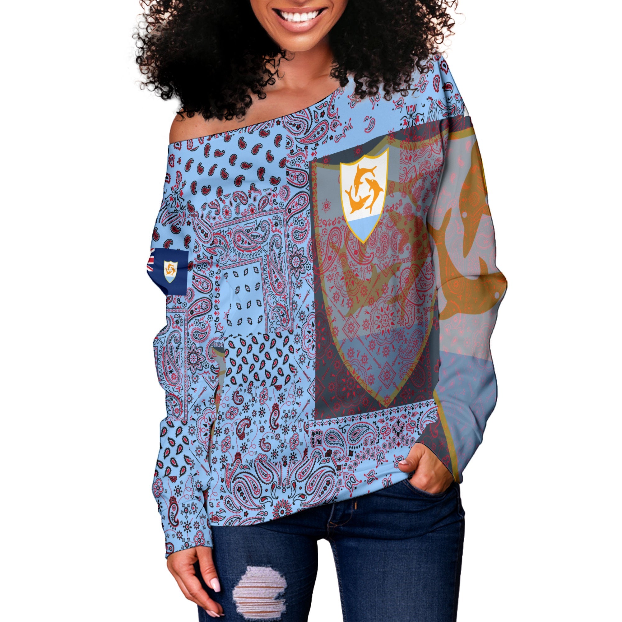 Anguilla Women Off Shoulder Sweatshirt Paisley Flag And Skull Style 2