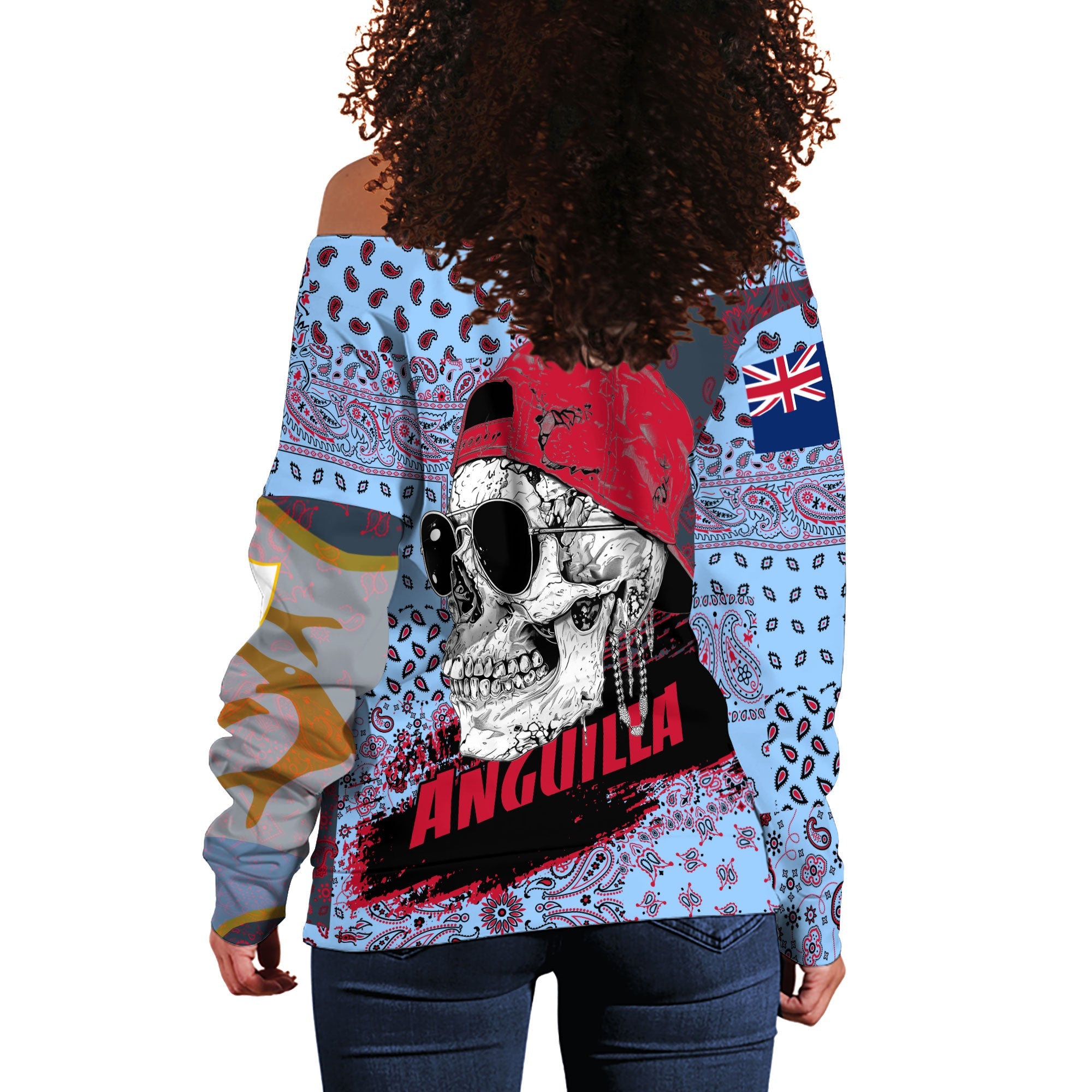 Anguilla Women Off Shoulder Sweatshirt Paisley Flag And Skull Style 3