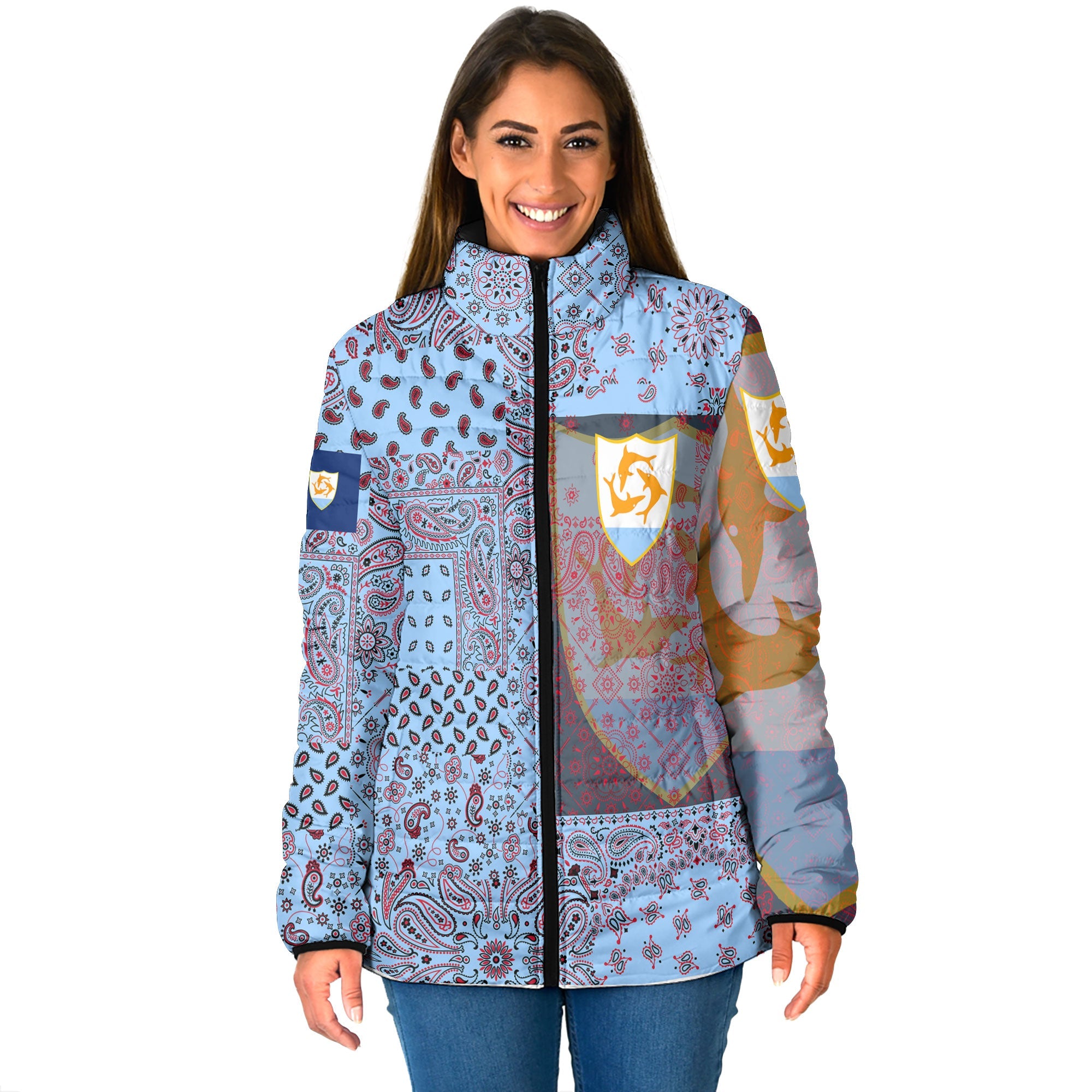 Anguilla Women Padded Jacket Paisley Flag And Skull Style 1