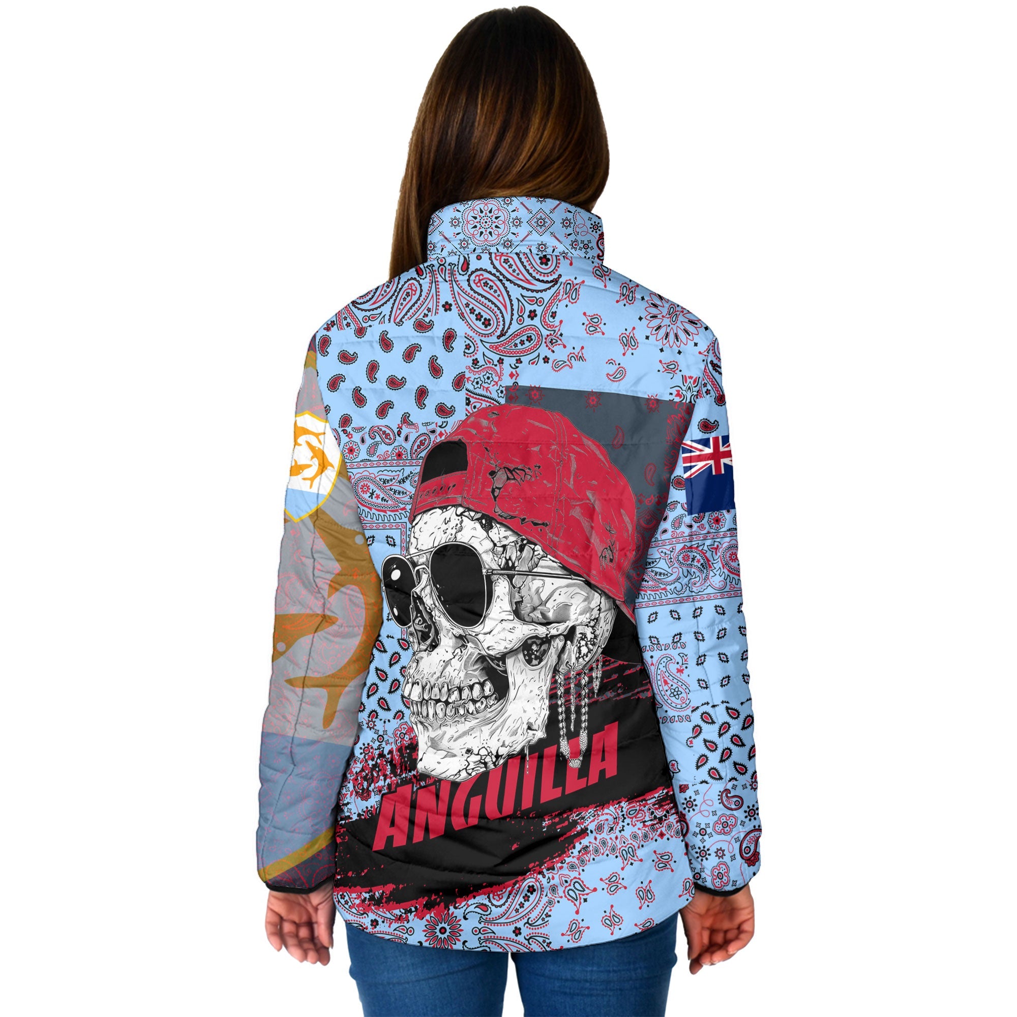 Anguilla Women Padded Jacket Paisley Flag And Skull Style 2