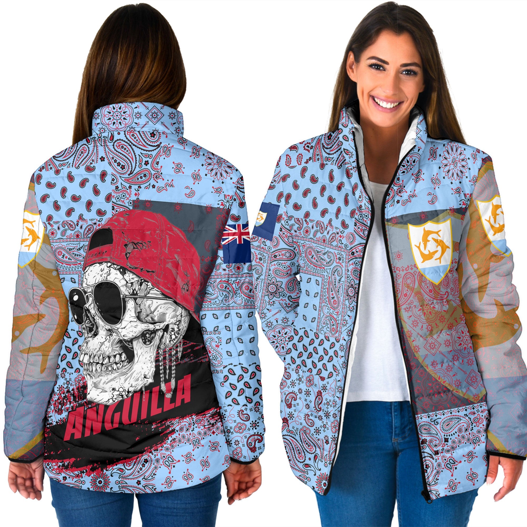 Anguilla Women Padded Jacket Paisley Flag And Skull Style 3