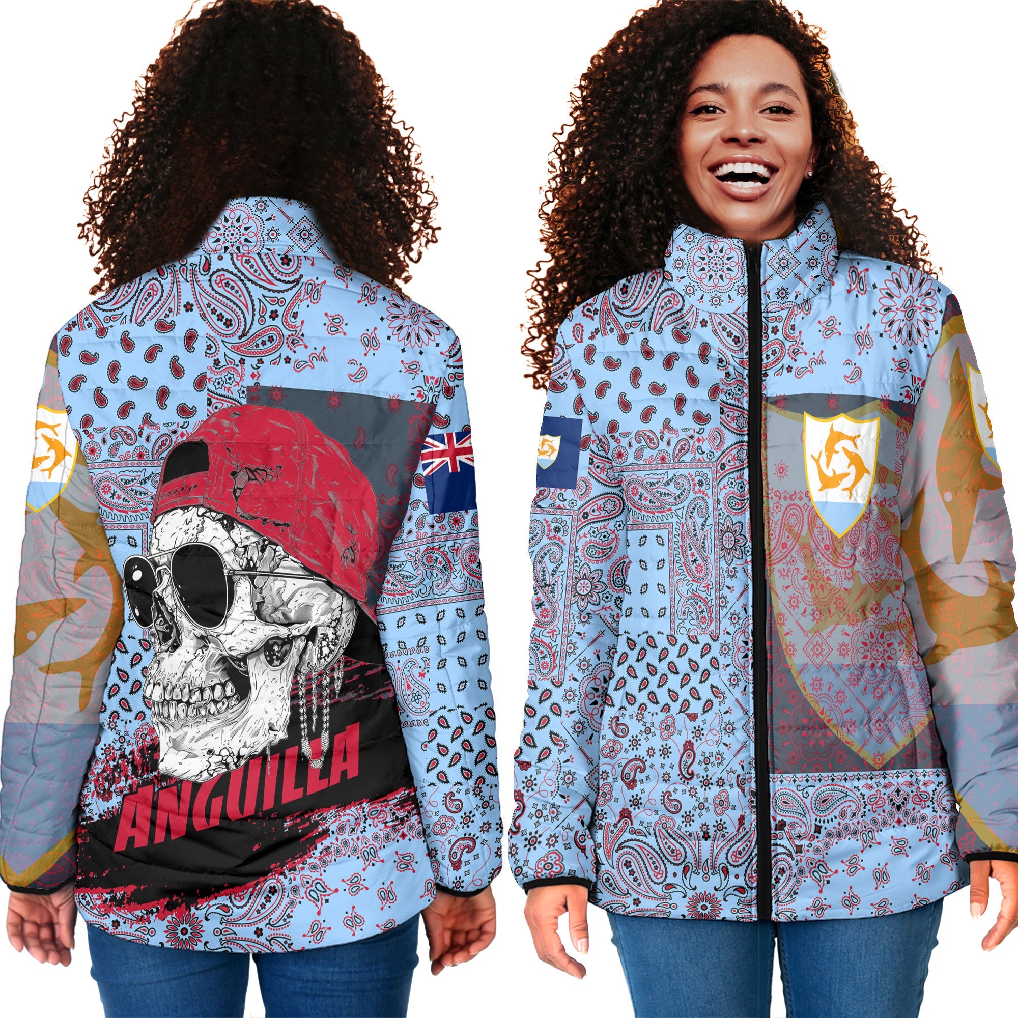 Anguilla Women Padded Jacket Paisley Flag And Skull Style 4