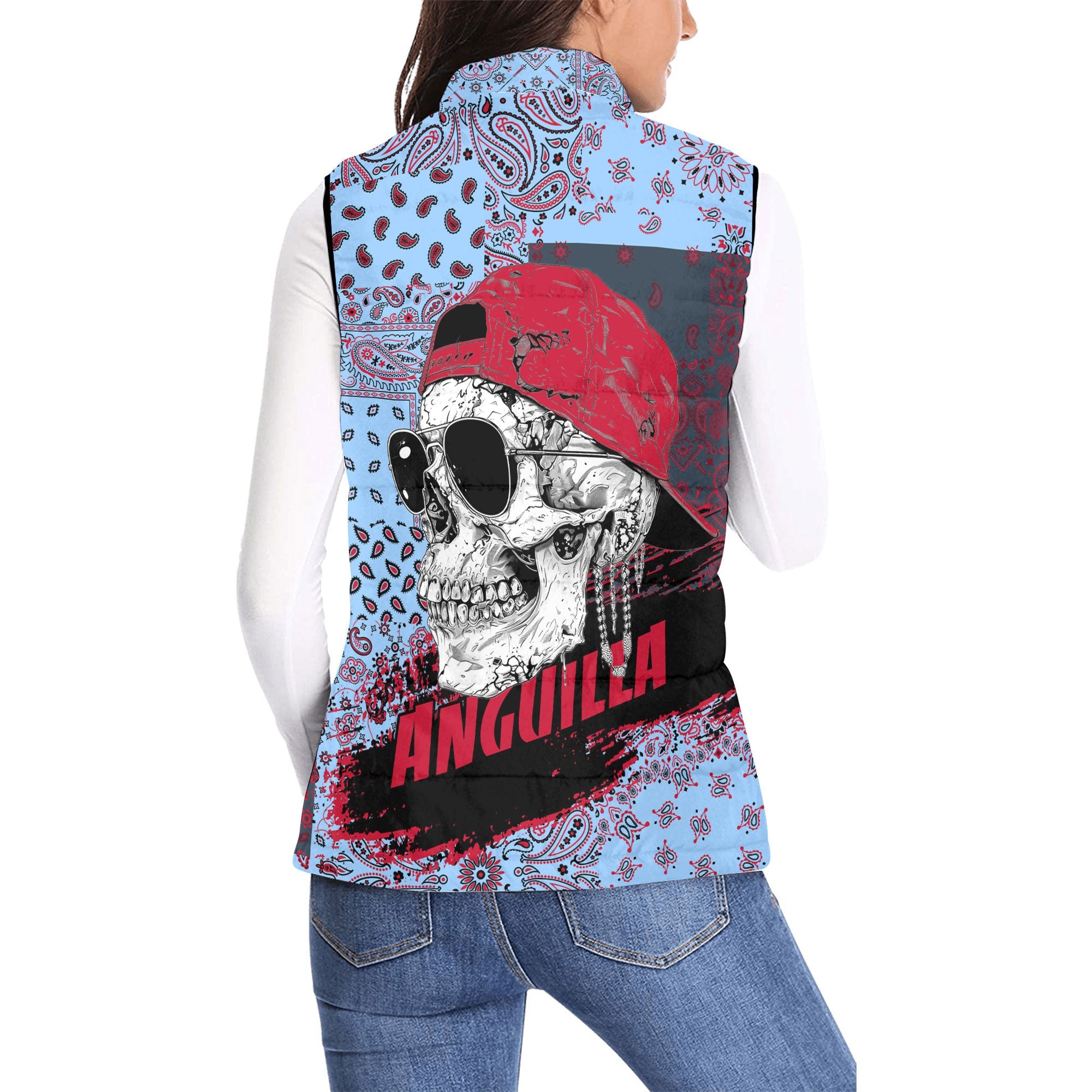 Anguilla Women Padded Jacket Vest Paisley Flag And Skull Style 2