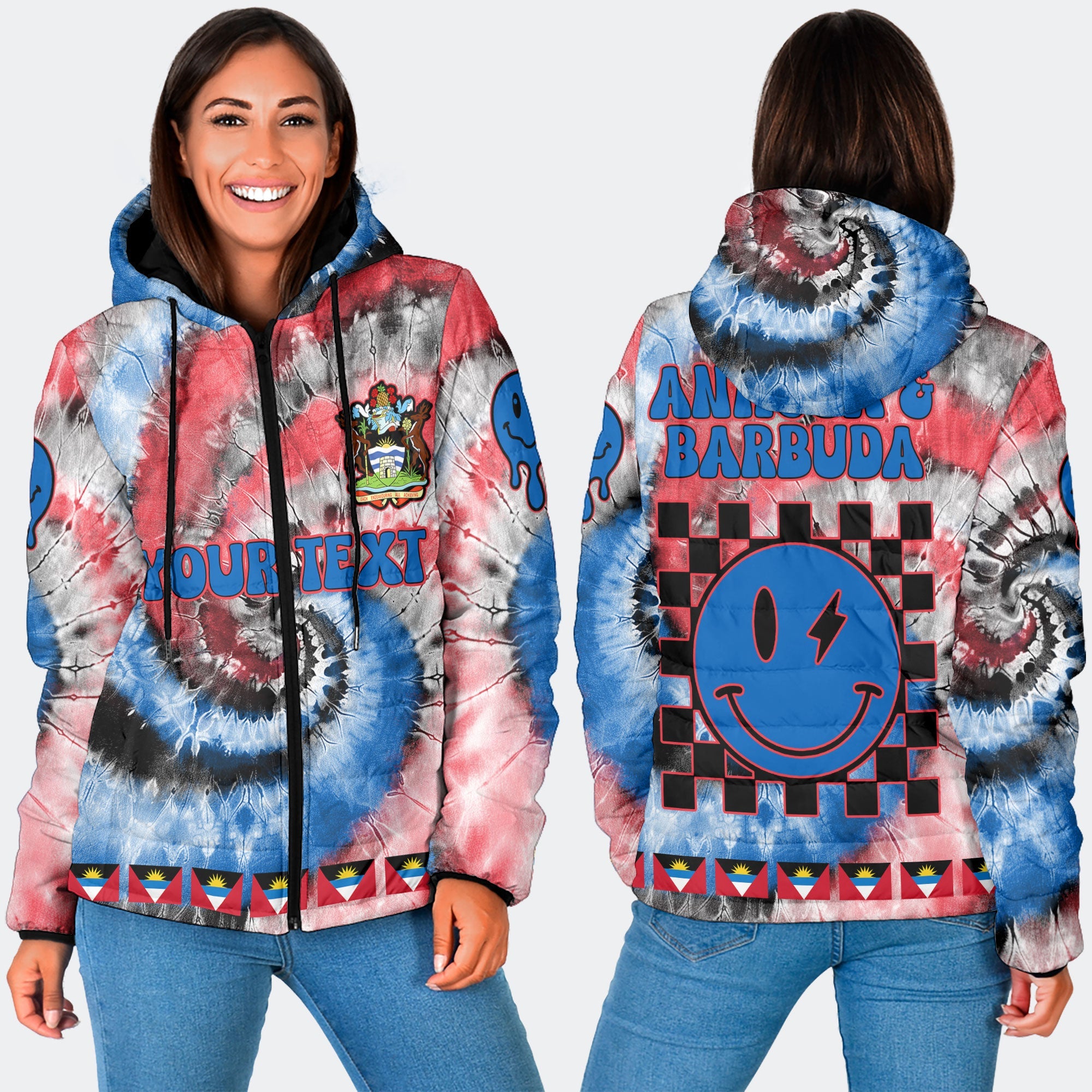 Antigua And Barbuda Women Hooded Padded Jacket Custom Tie Dye Style 3