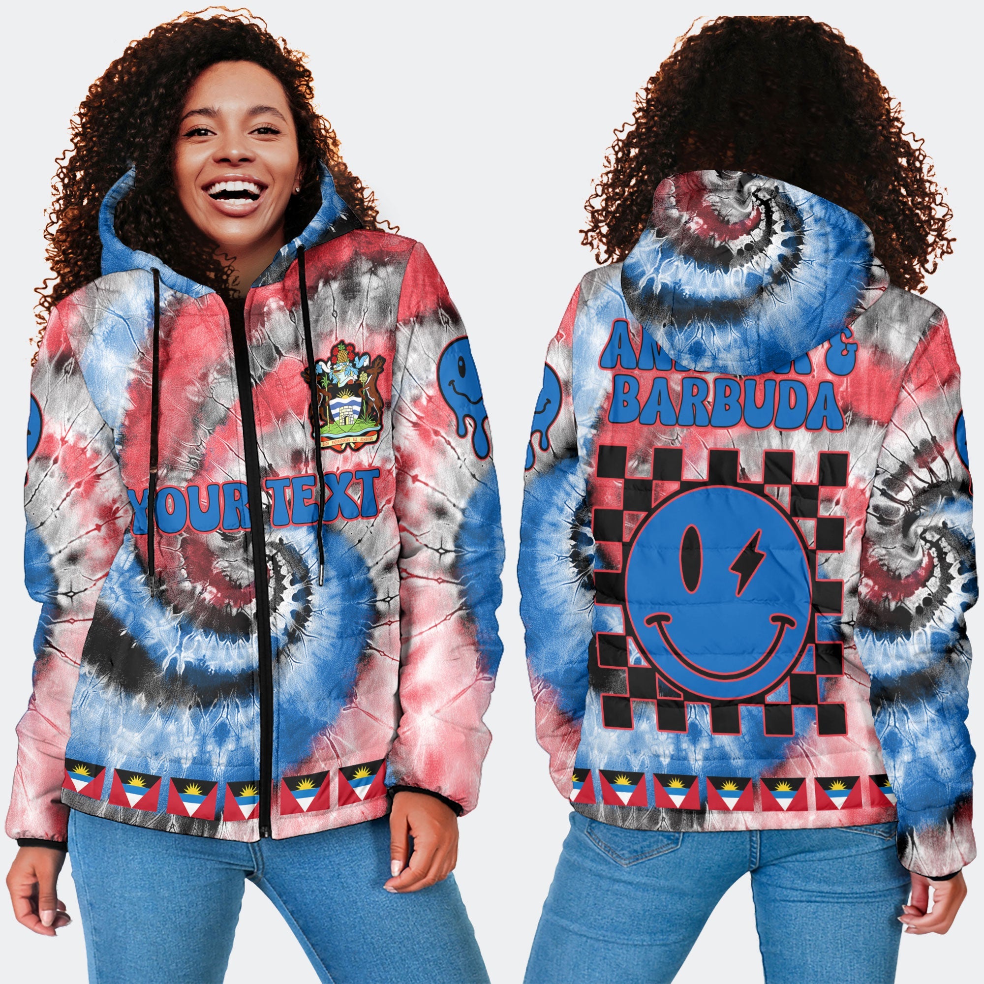 Antigua And Barbuda Women Hooded Padded Jacket Custom Tie Dye Style 4