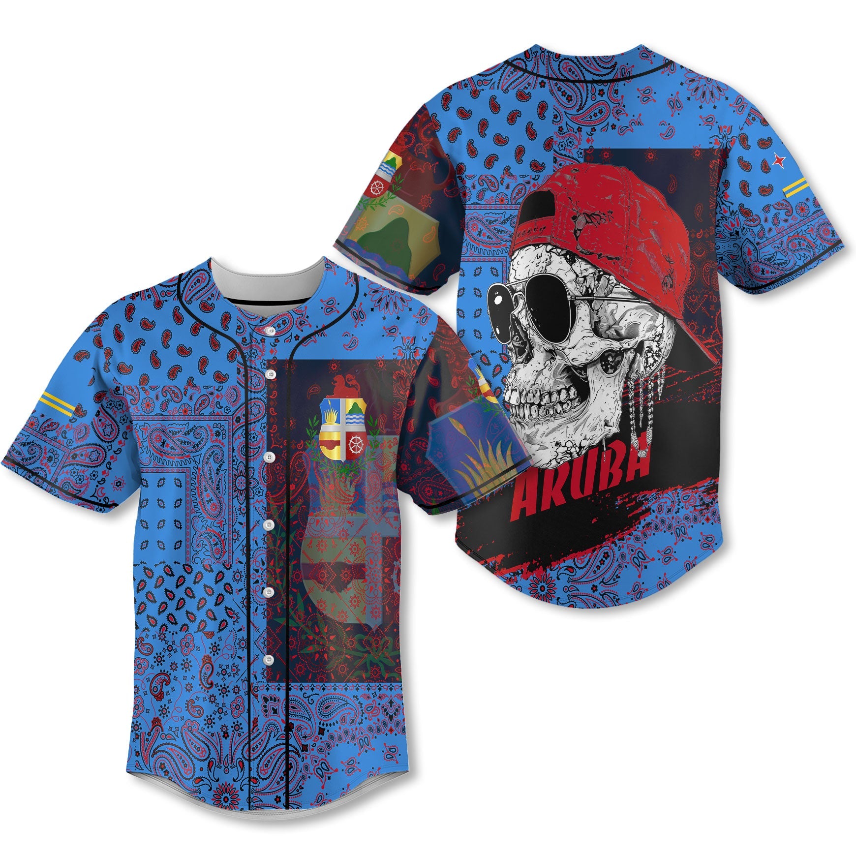 Aruba Baseball Jersey Paisley Flag And Skull Style 1