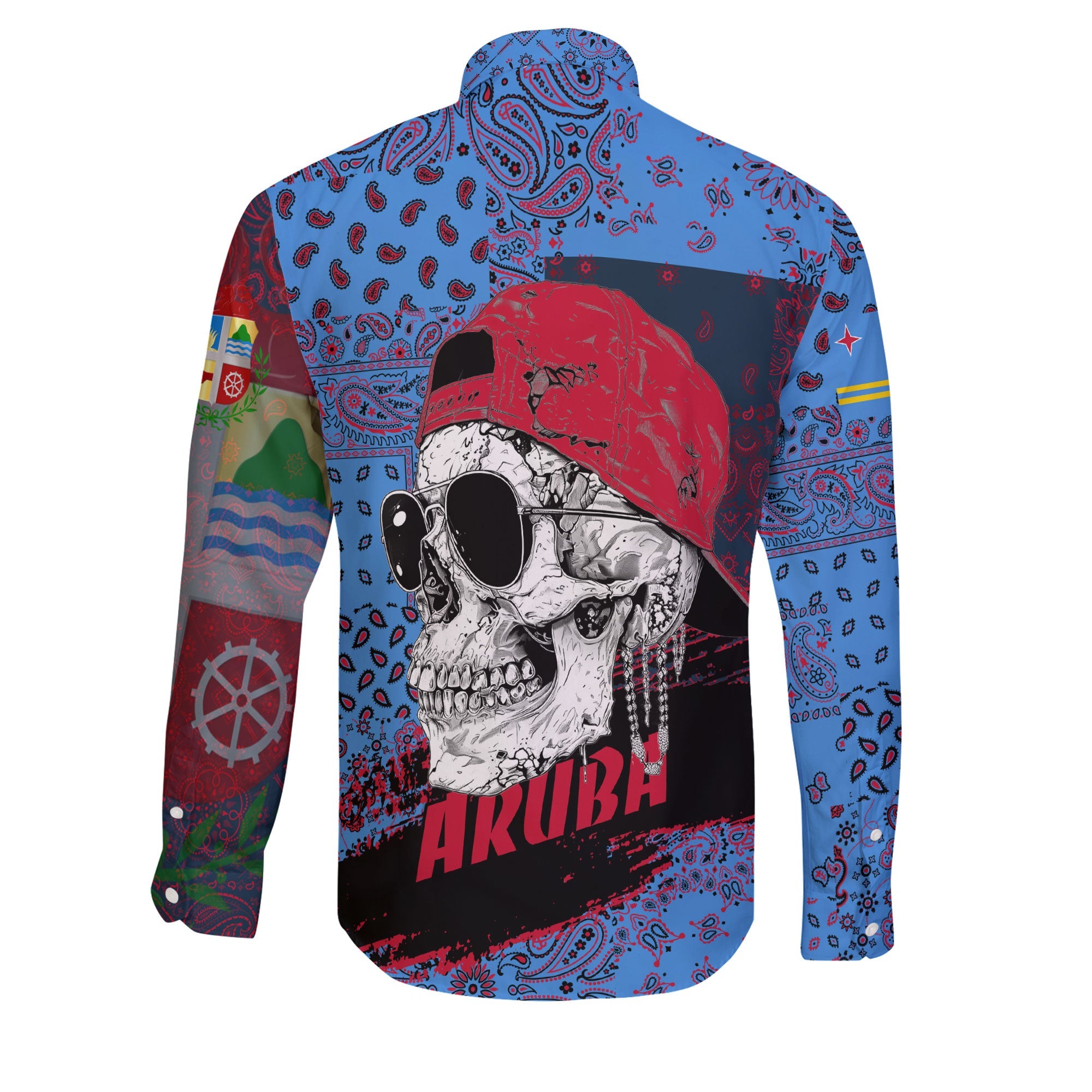 Aruba Long Sleeve Button Shirt Paisley Flag And Skull Style 2