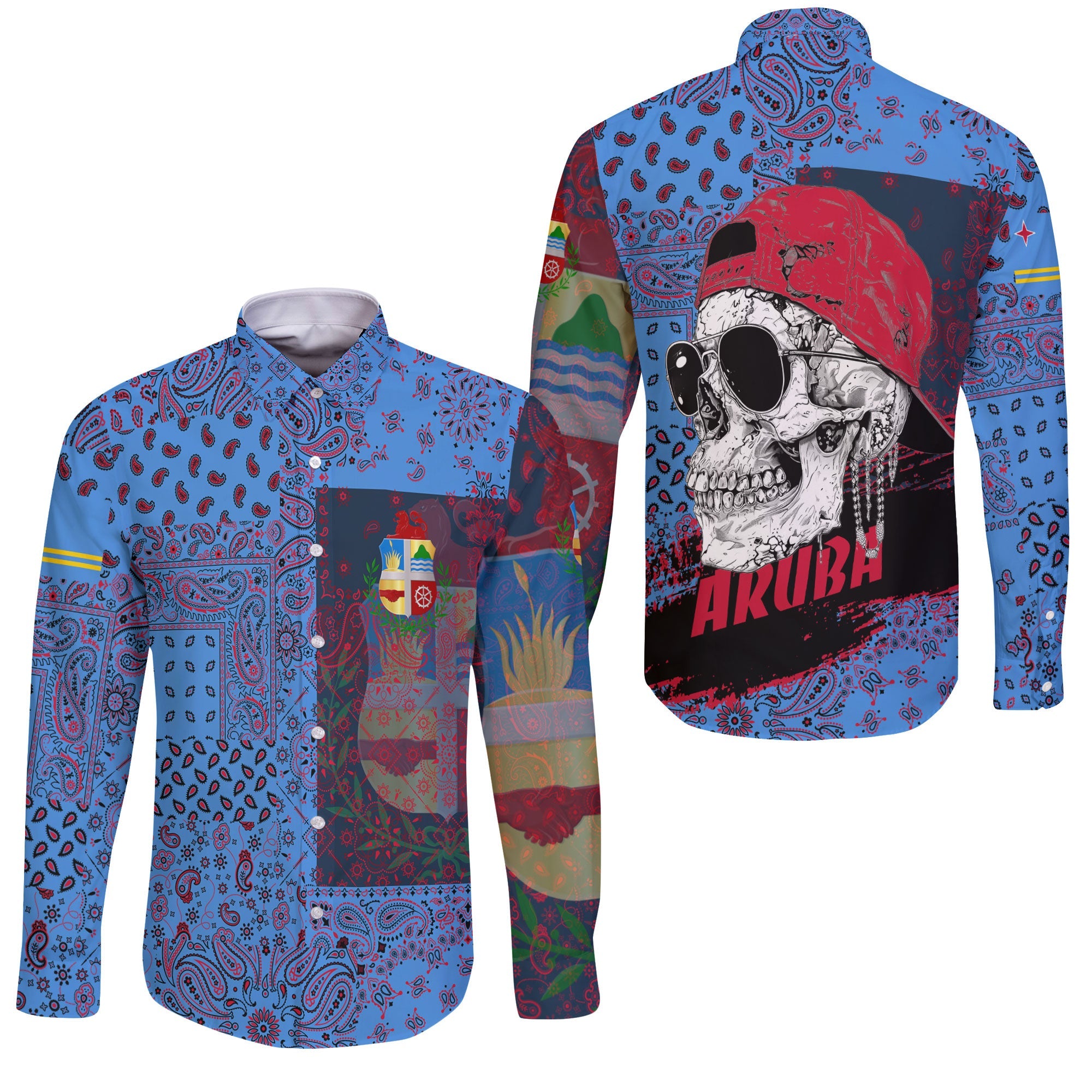 Aruba Long Sleeve Button Shirt Paisley Flag And Skull Style 3