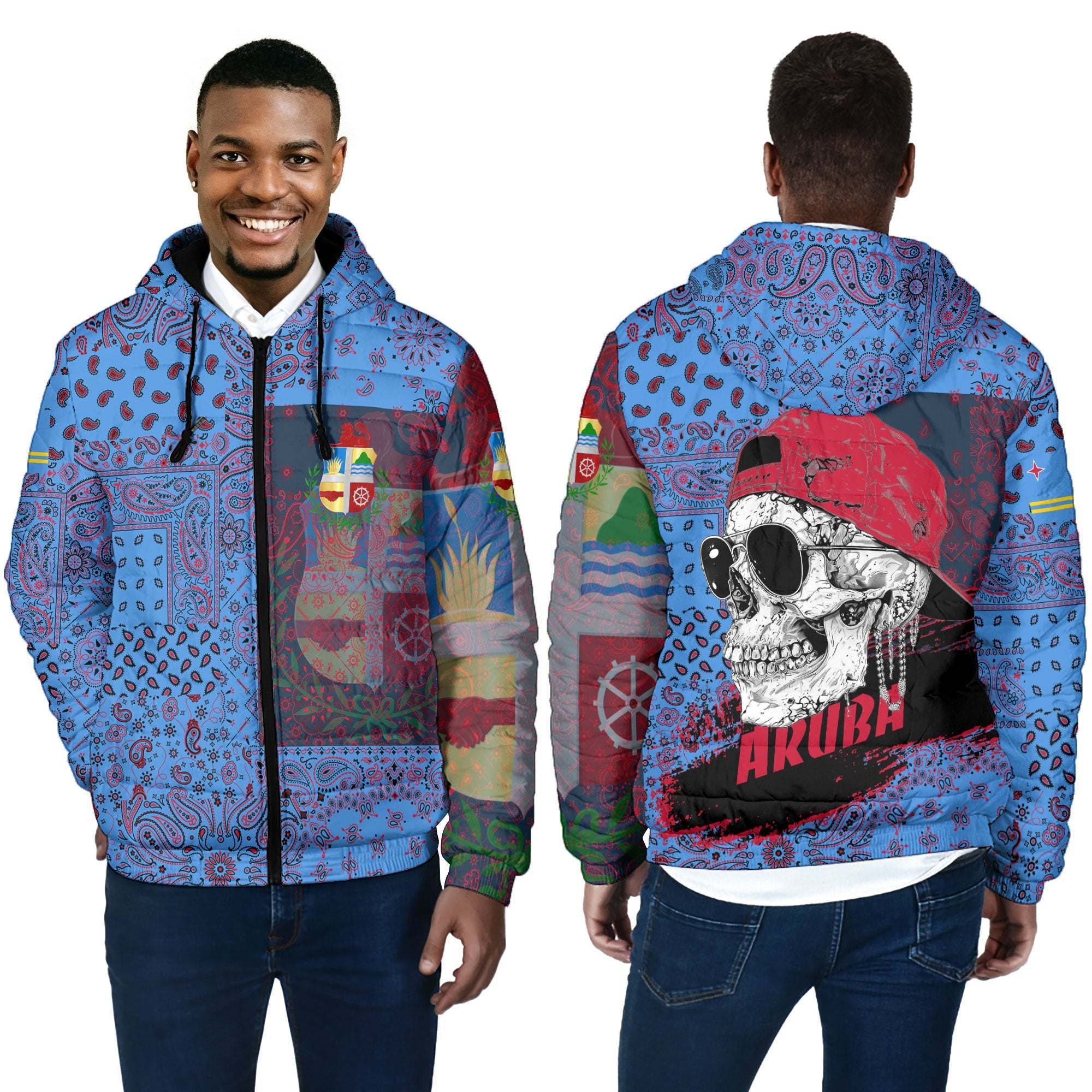 Aruba Men Hooded Padded Jacket Paisley Flag And Skull Style 4