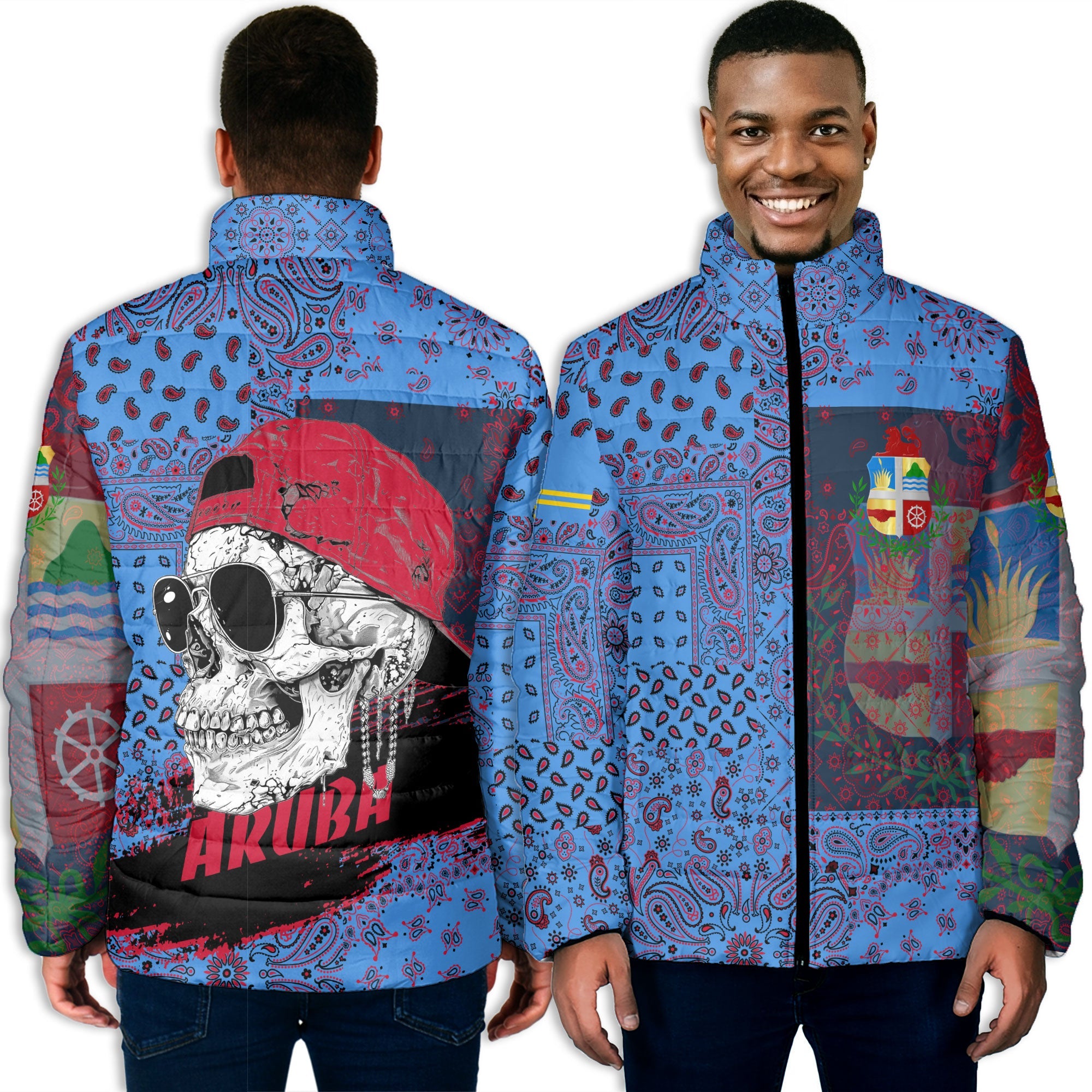 Aruba Men Padded Jacket Paisley Flag And Skull Style 3