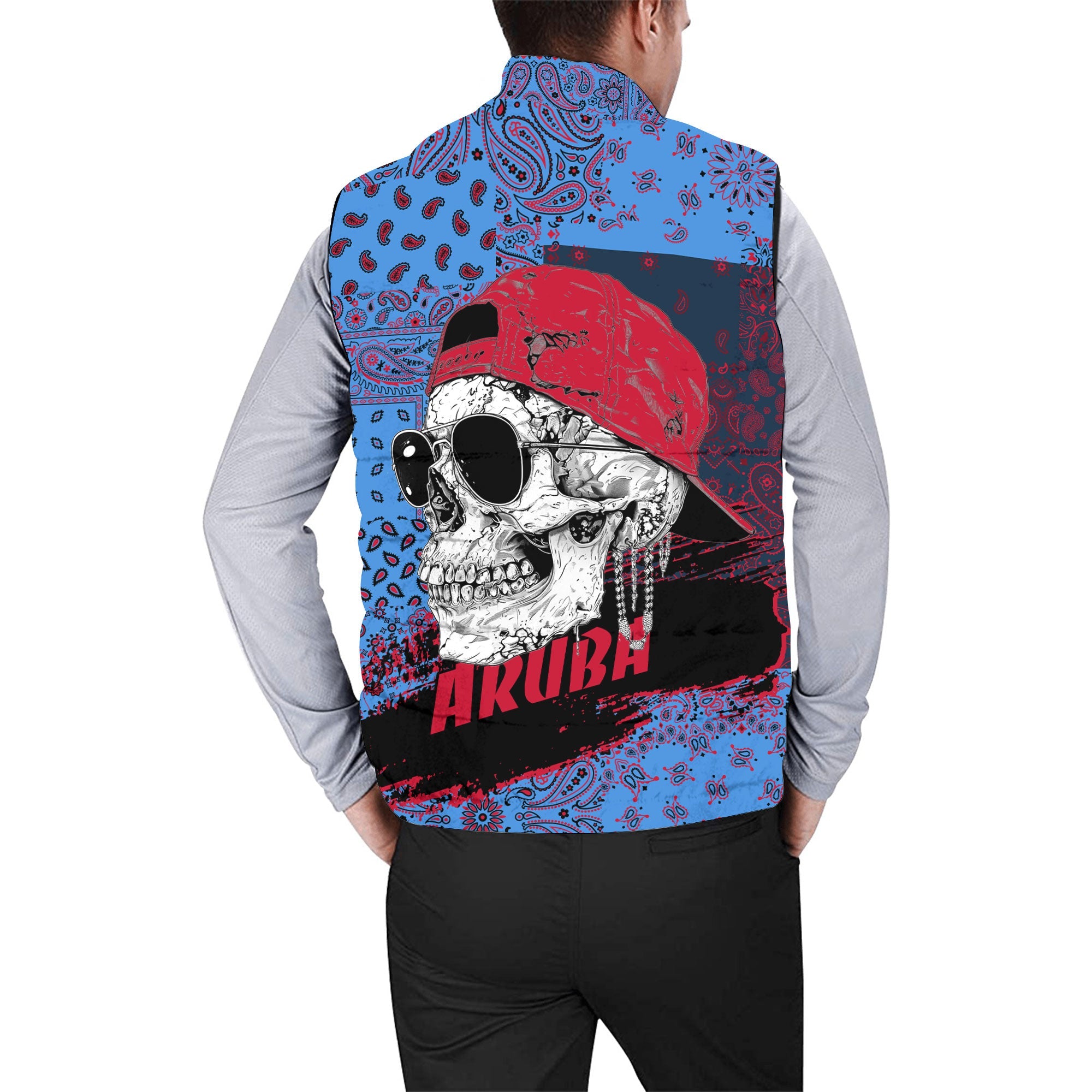 Aruba Men Padded Jacket Vest Paisley Flag And Skull Style 2