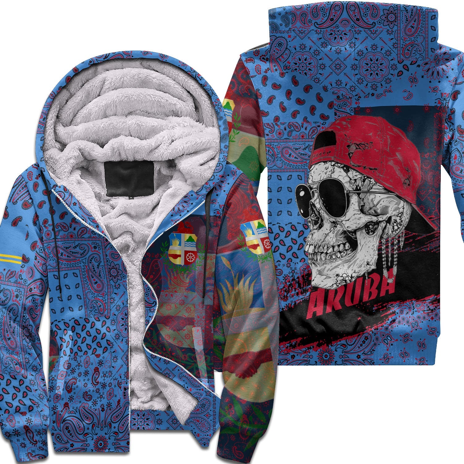 Aruba Sherpa Hoodie Paisley Flag And Skull Style 1