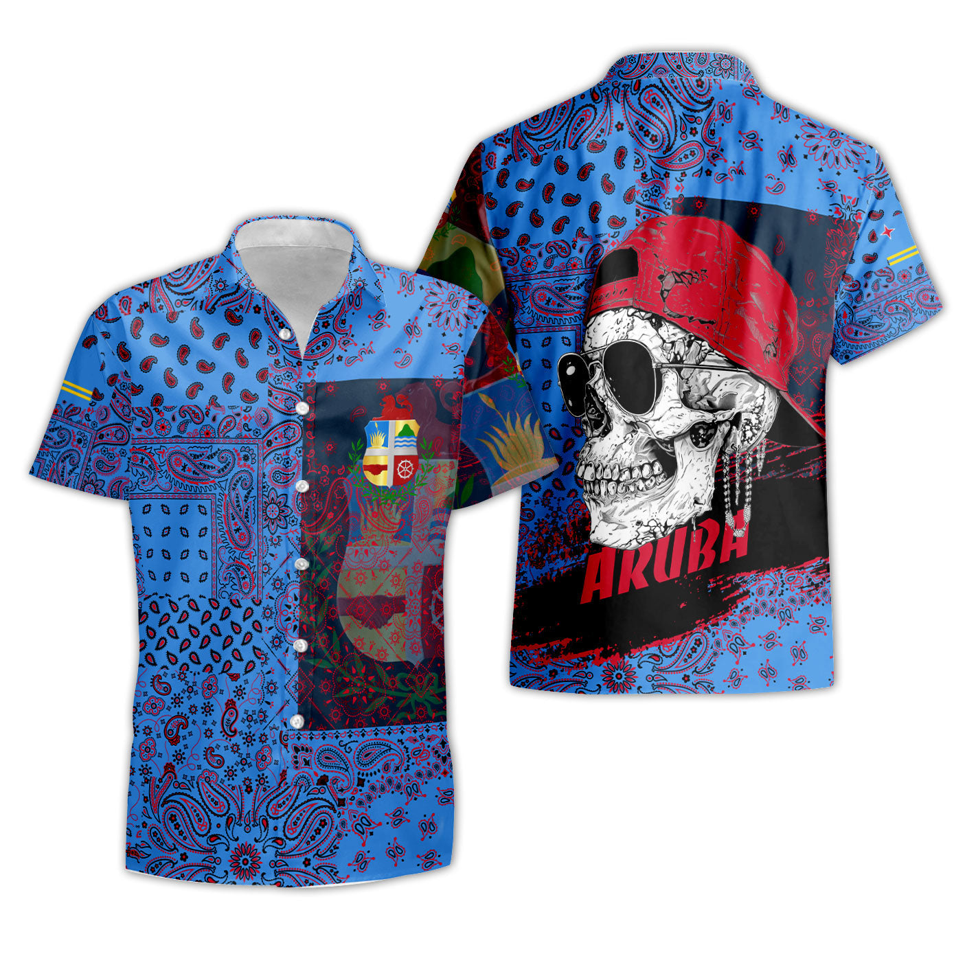 Aruba Short Sleeve Shirt Paisley Flag And Skull Style 3