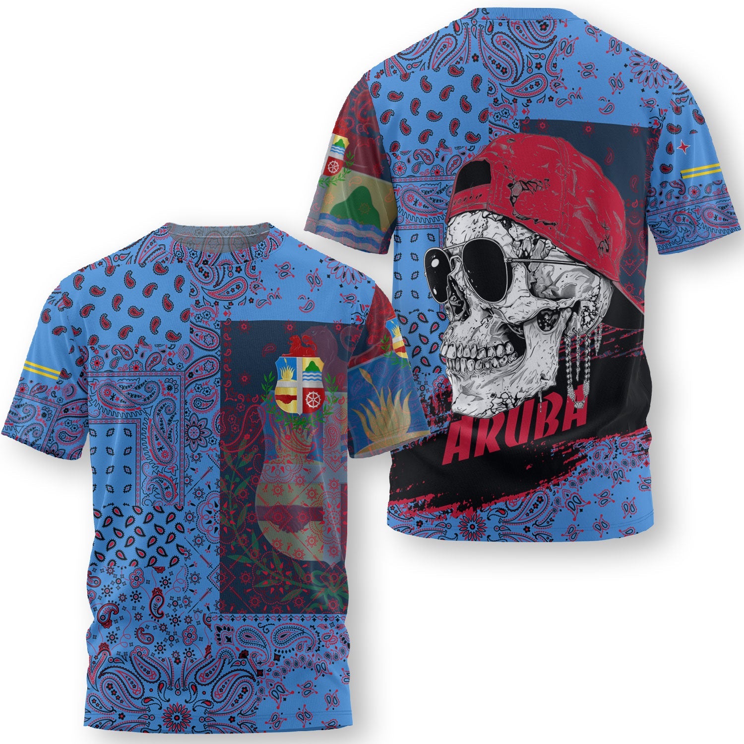 Aruba T Shirt Paisley Flag And Skull Style 3