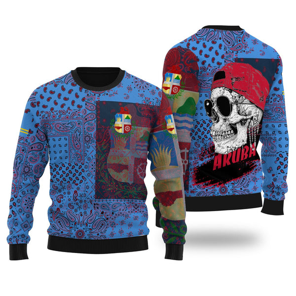 Aruba Ugly Sweater Paisley Flag And Skull Style 1