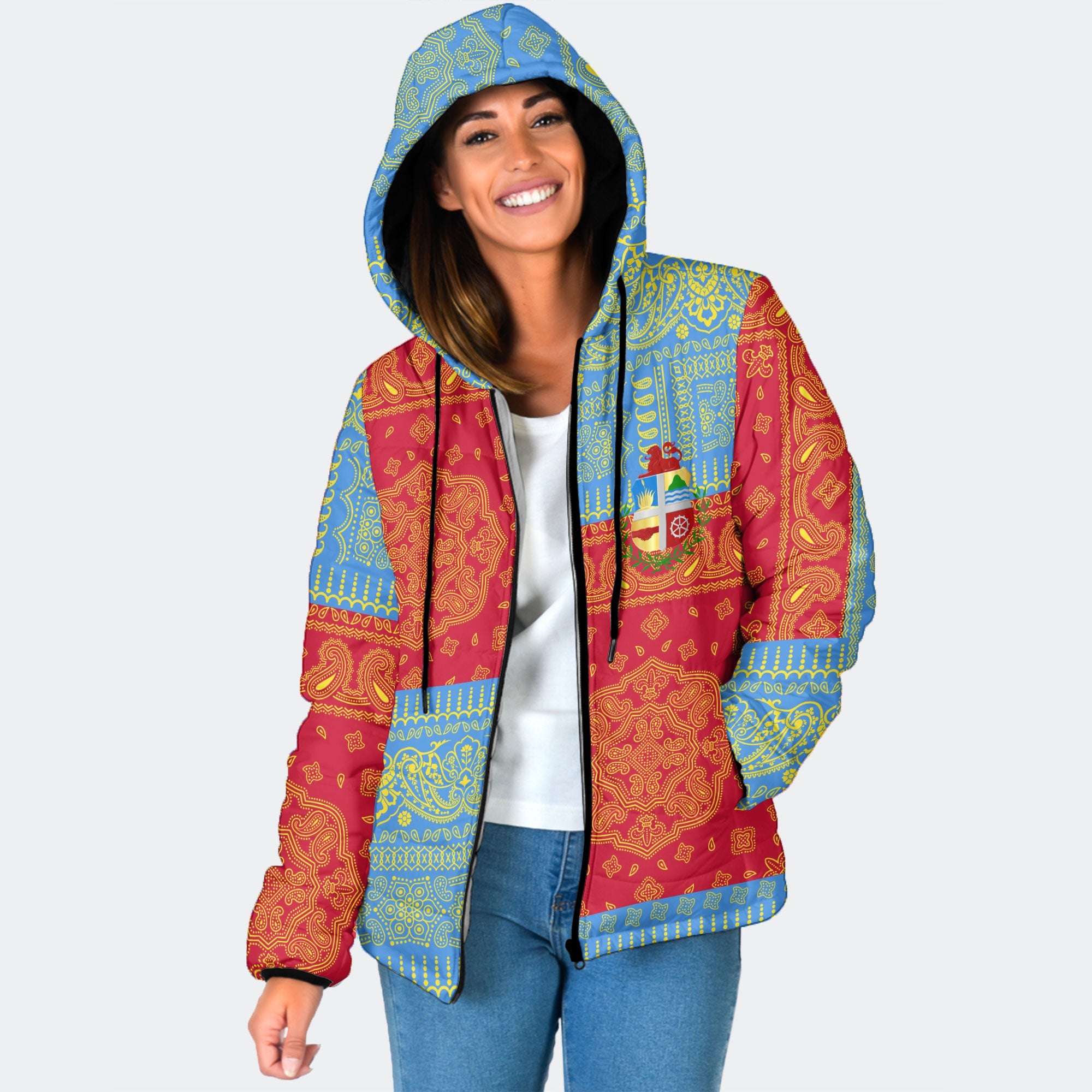 Aruba Women Hooded Padded Jacket Flag And Paisley Basic Style 1