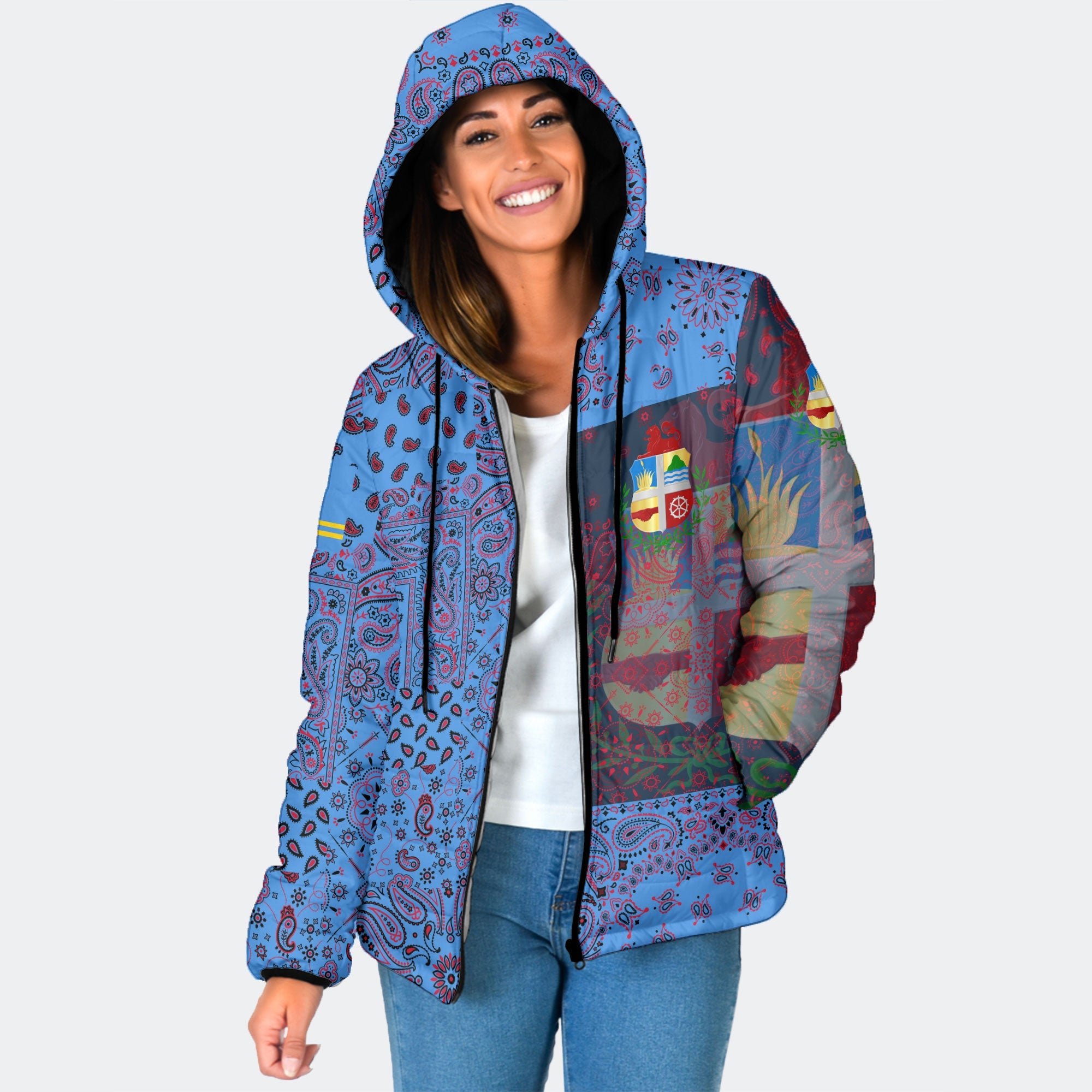 Aruba Women Hooded Padded Jacket Paisley Flag And Skull Style 1